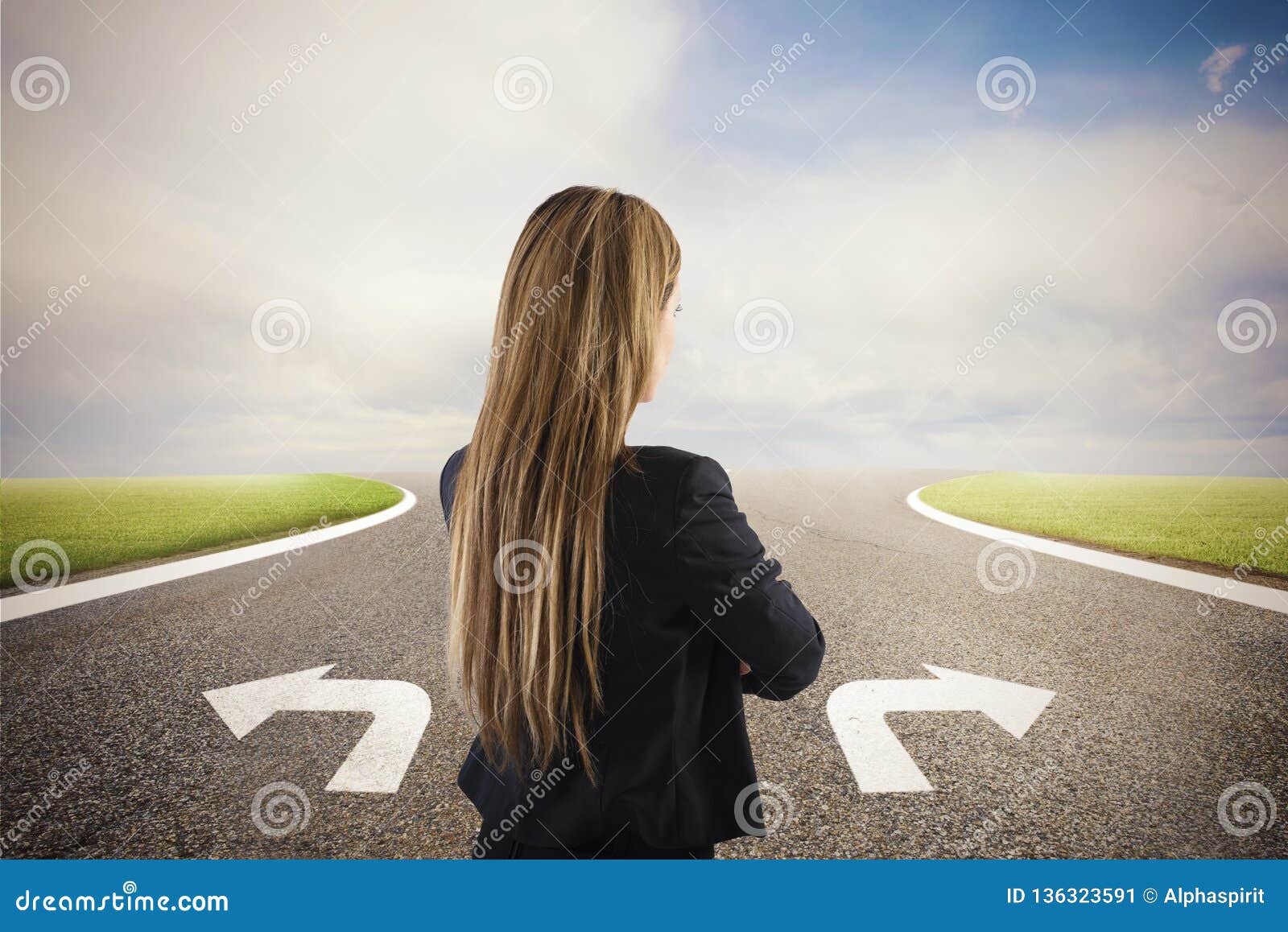 businesswoman at a crossroads. she chooses the correct way. concept of decision in business