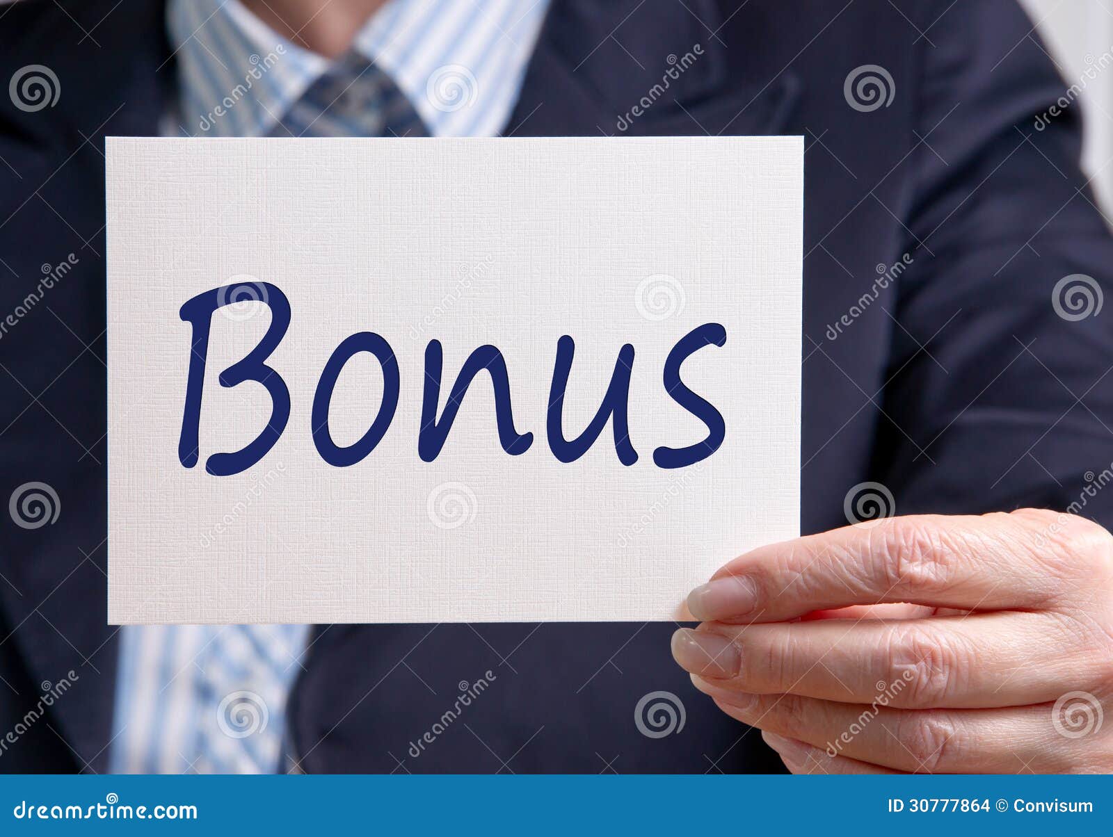 businesswoman holding bonus sign
