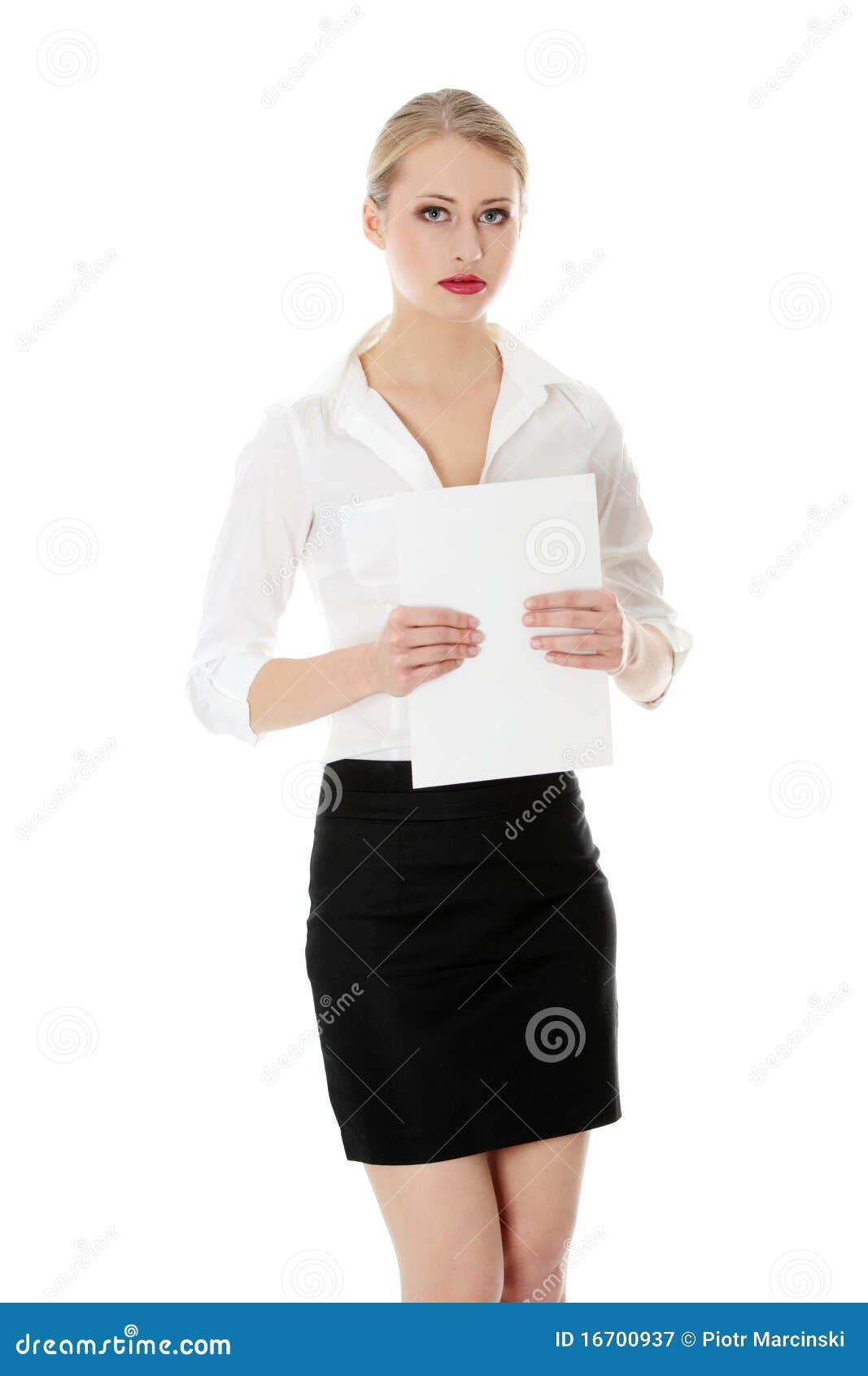 A businesswoman holding white board. Isolated