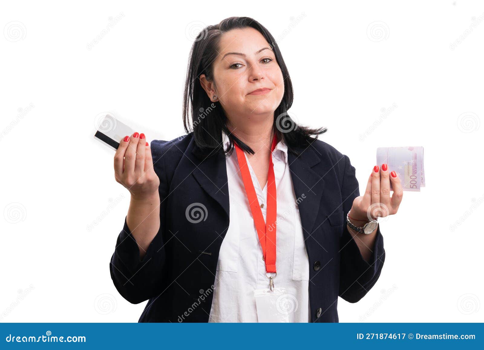 businesswoman presenting credit or debit card and cash money