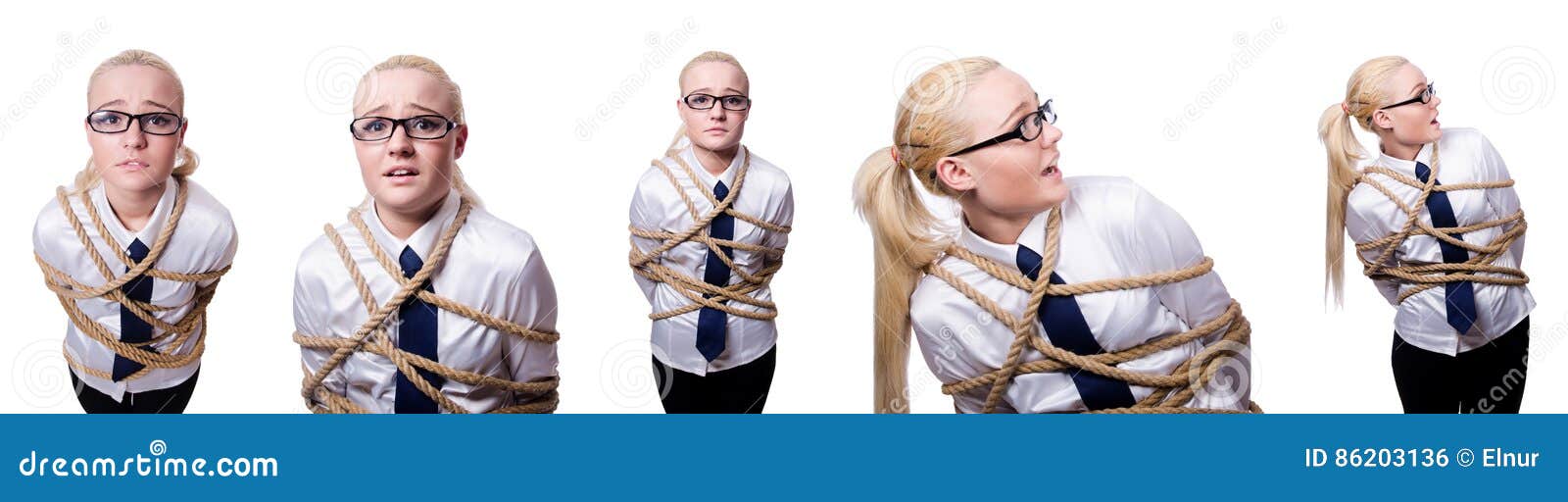 the businesswoman tied up with rope  on white