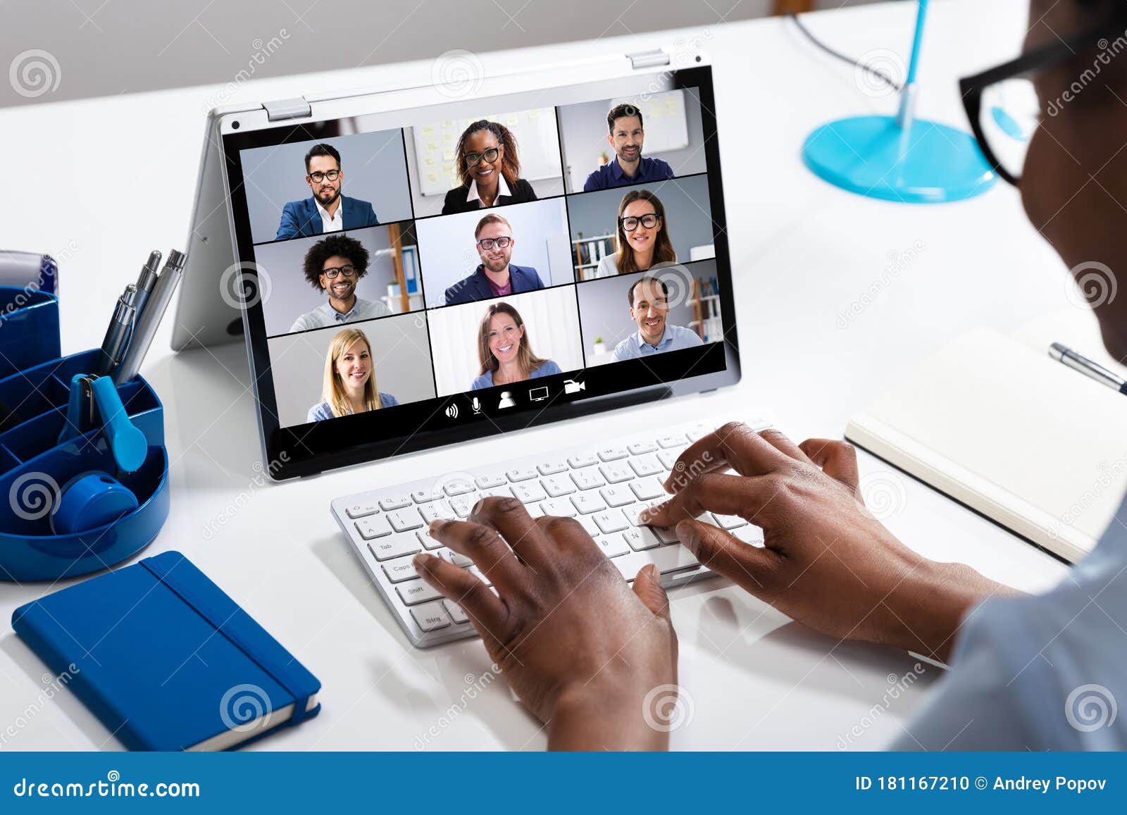 Woman Working from Home Having Group Videoconference Stock Photo