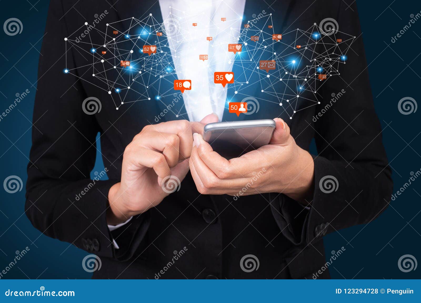 businesswoman using mobile smart phone, social, media, marketing
