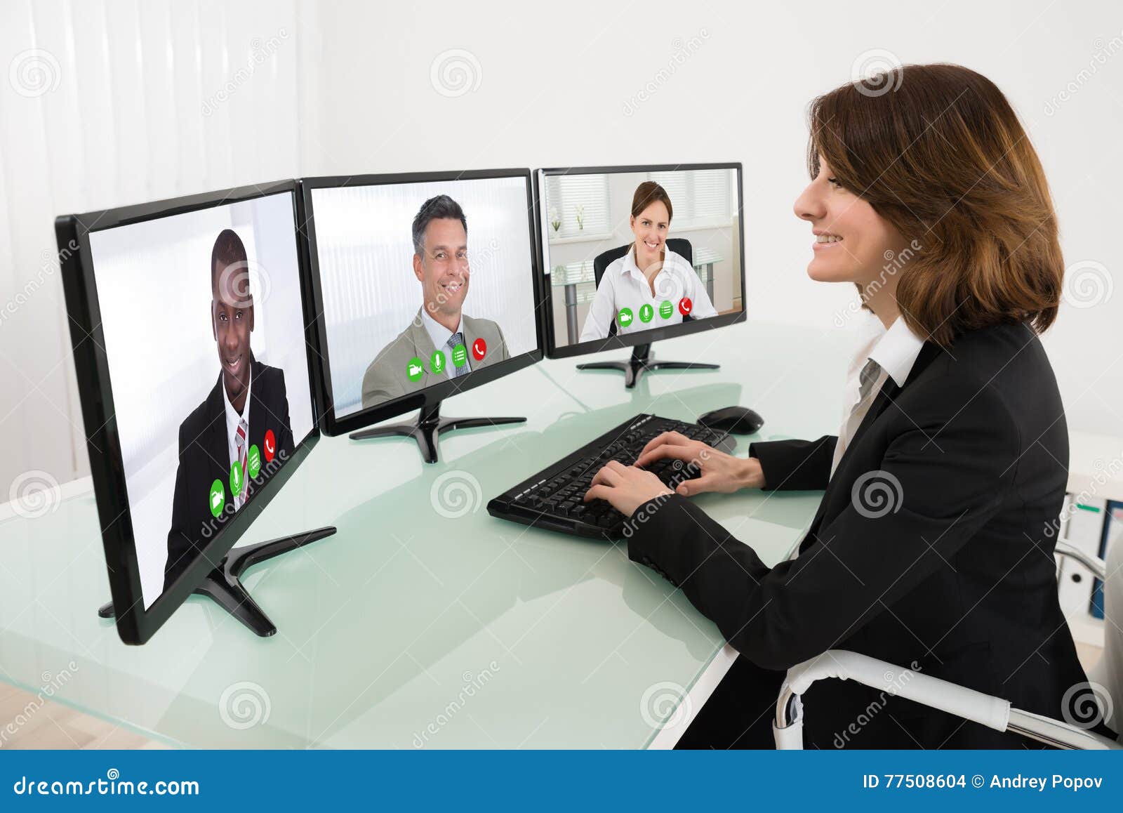 Businesswoman Video Conferencing On Desk Stock Photo Image Of