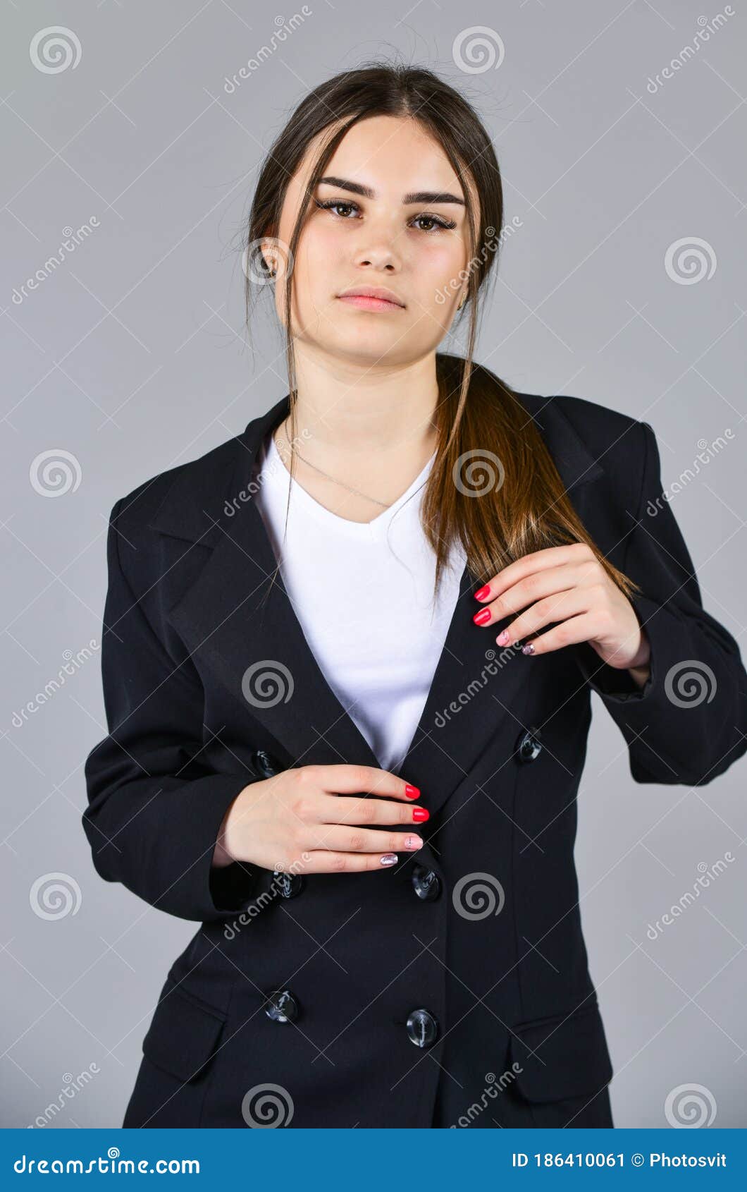 Businesswoman Wear Formal Suit. Hairdresser Beauty Salon. Cute Girl Has  Long Hair. Female Autumn Fashion Stock Image - Image of clothes, hair:  186410061