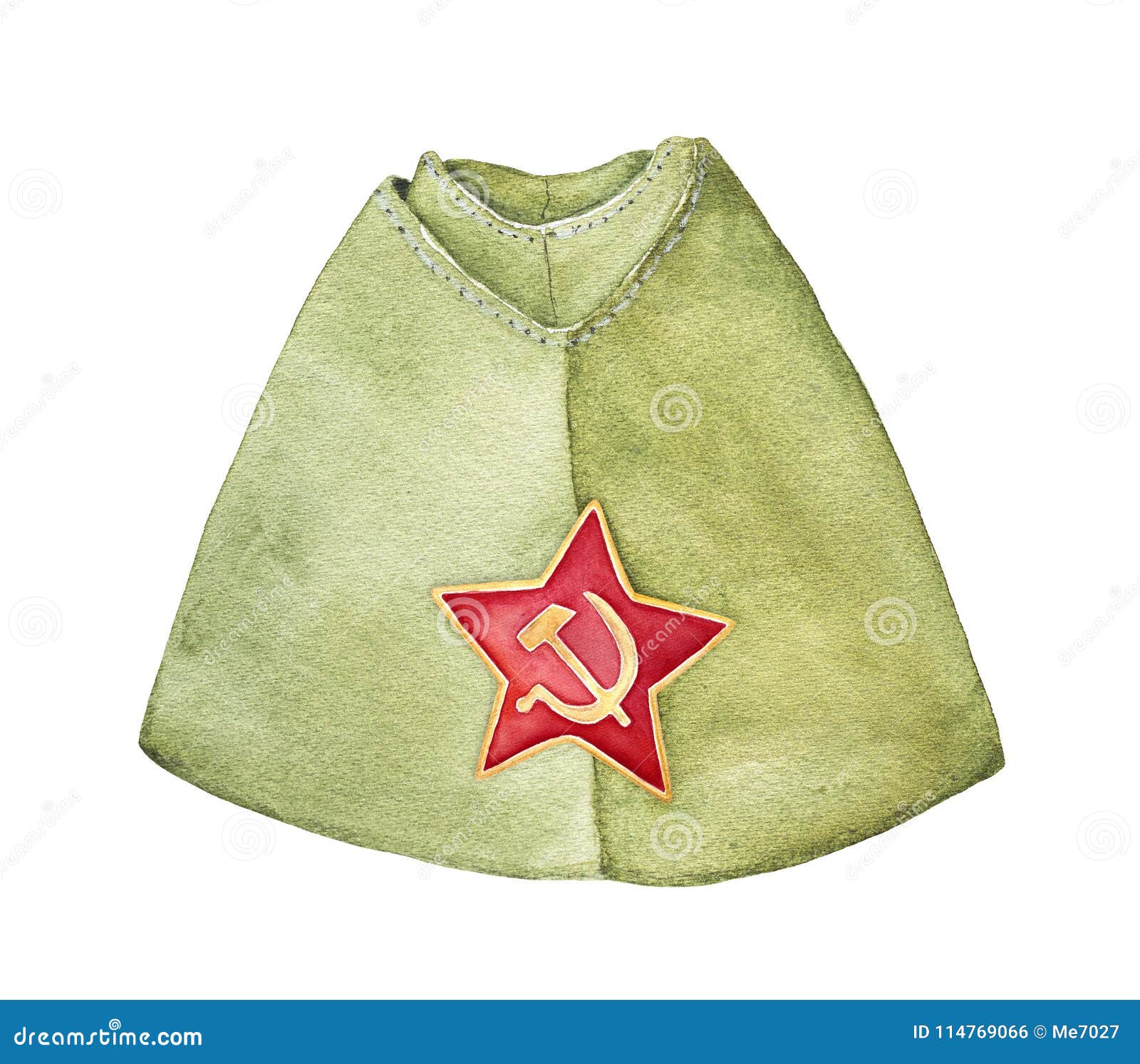 Bustina militare militare russa con il distintivo rosso della stella, vista frontale. La maggior parte del tipo comune di cappuccio usato dall'Armata Rossa durante il WWII e dopo fino agli anni 80 Grafico acquerello disegnato a mano che attinge bianco, isolato