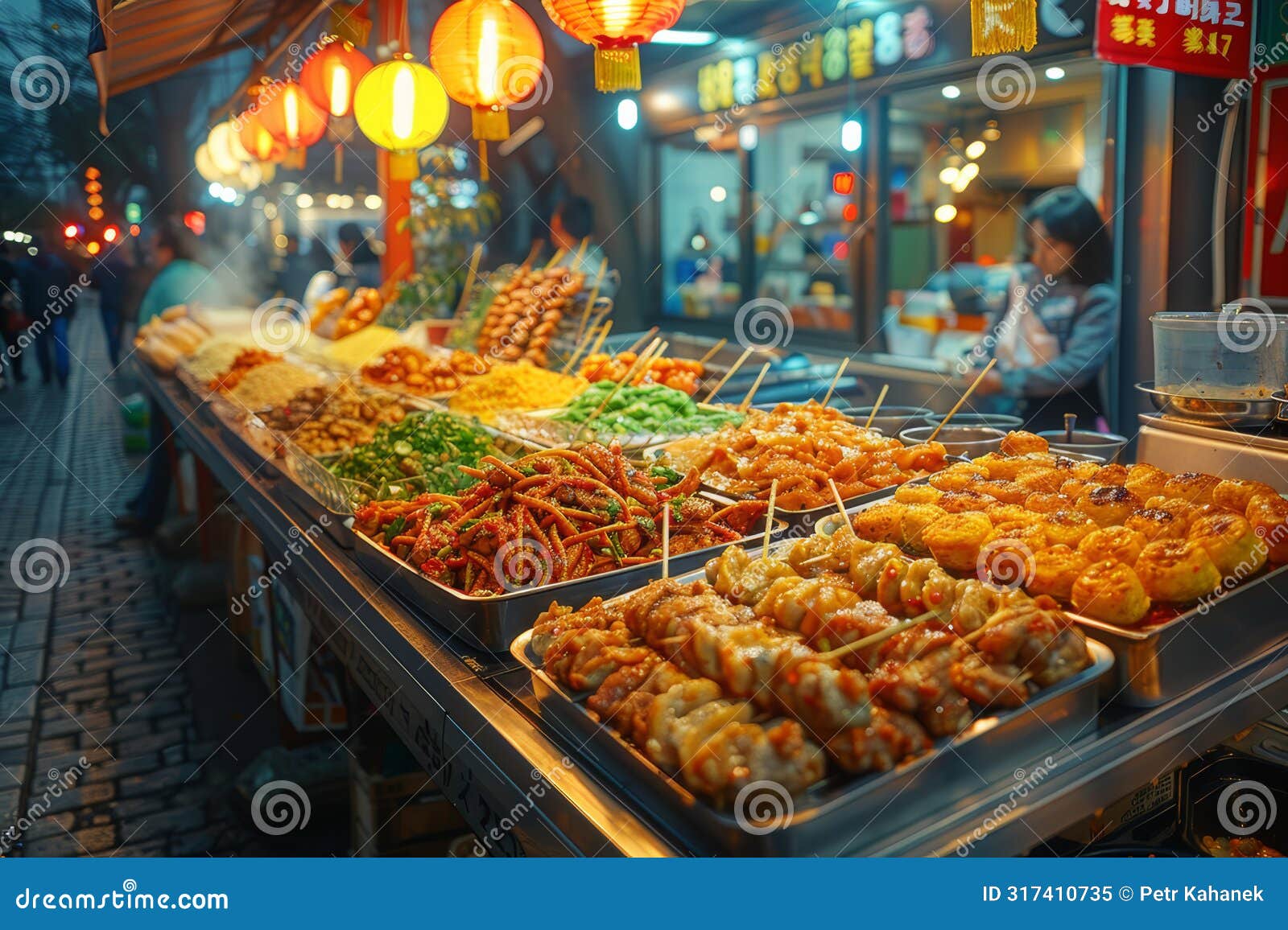 A Bustling Asian Street Food Market With Vibrant Stalls And Diverse
