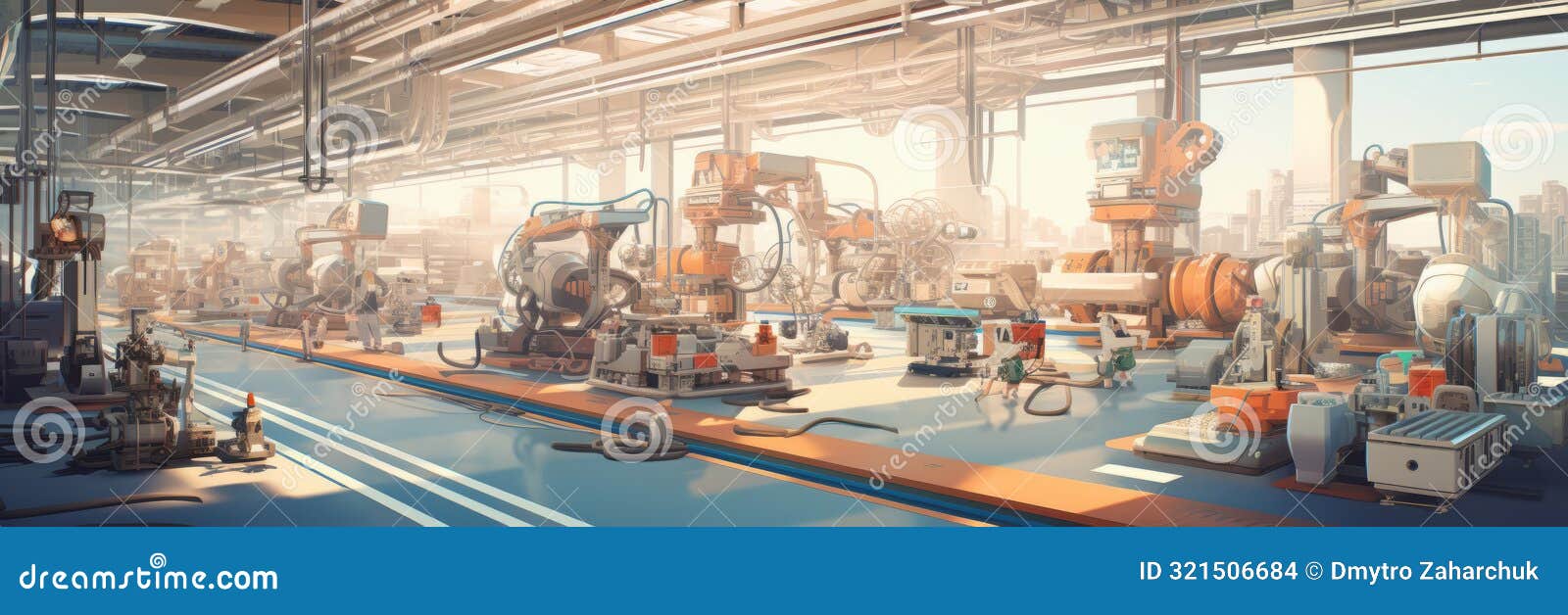 a bustling factory floor, filled with automated machinery working tirelessly to produce goods