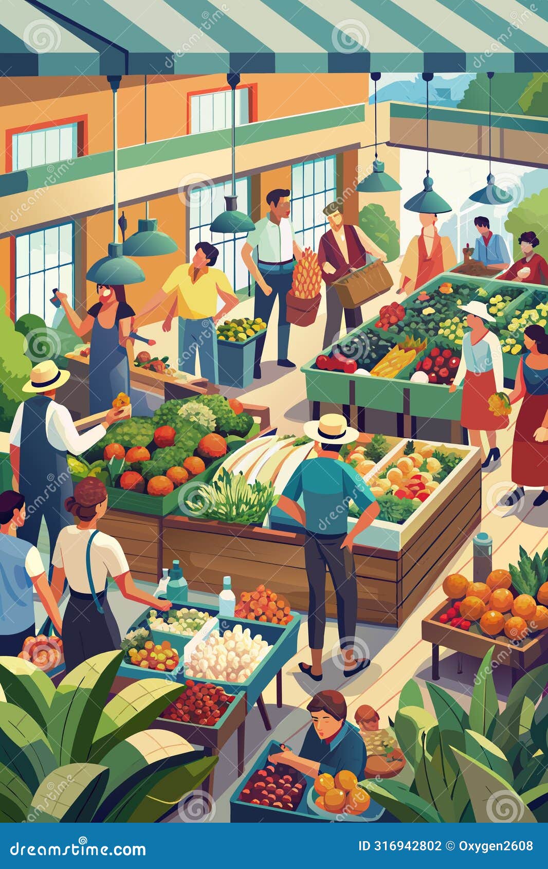 bustling farmers market scene with fresh produce and shoppers