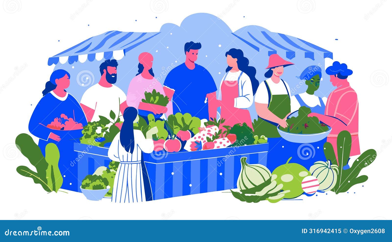 bustling farmers market scene with vibrant fresh produce and happy shoppers
