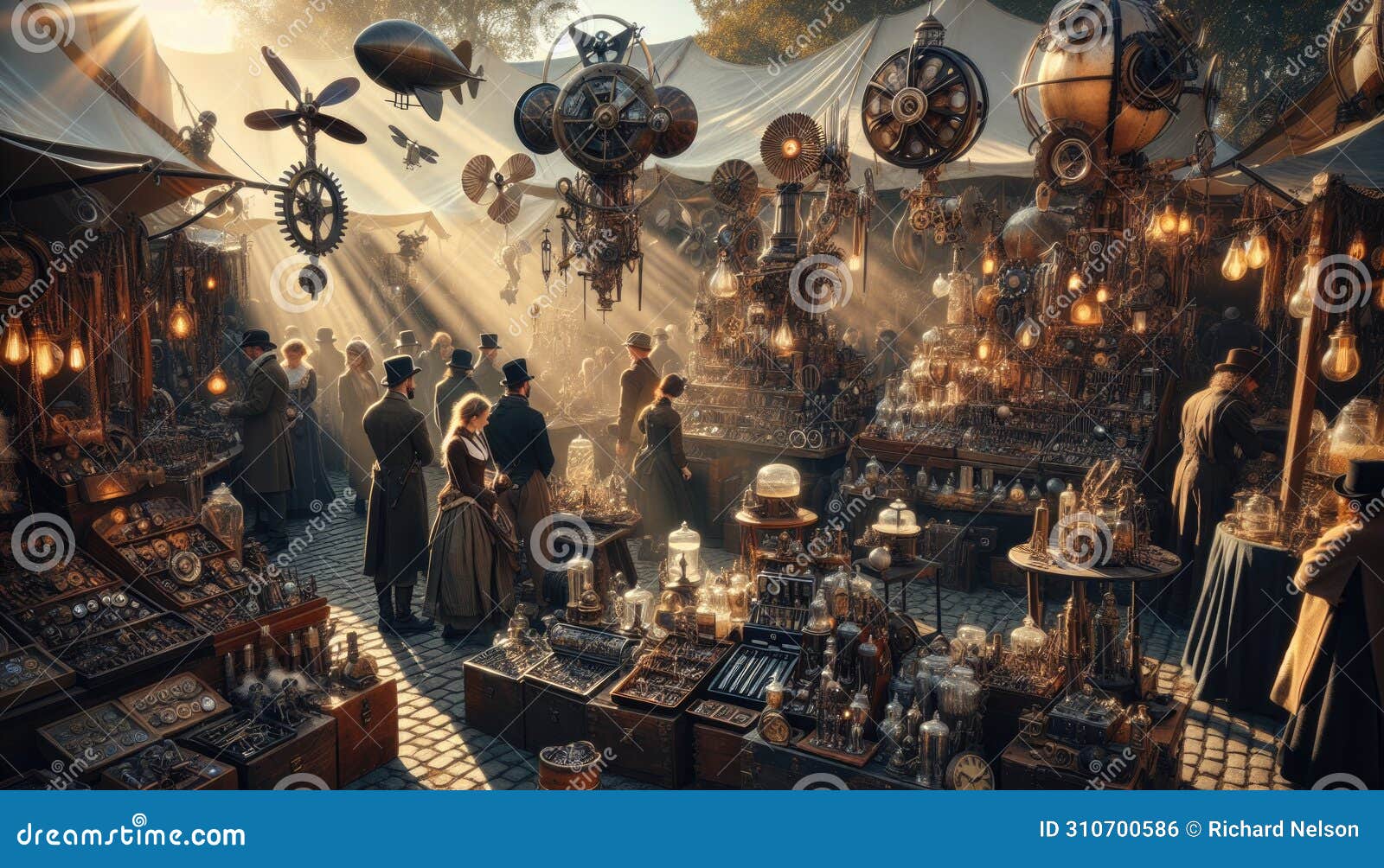 bustling vintage steampunk market with ornate mechanical displays