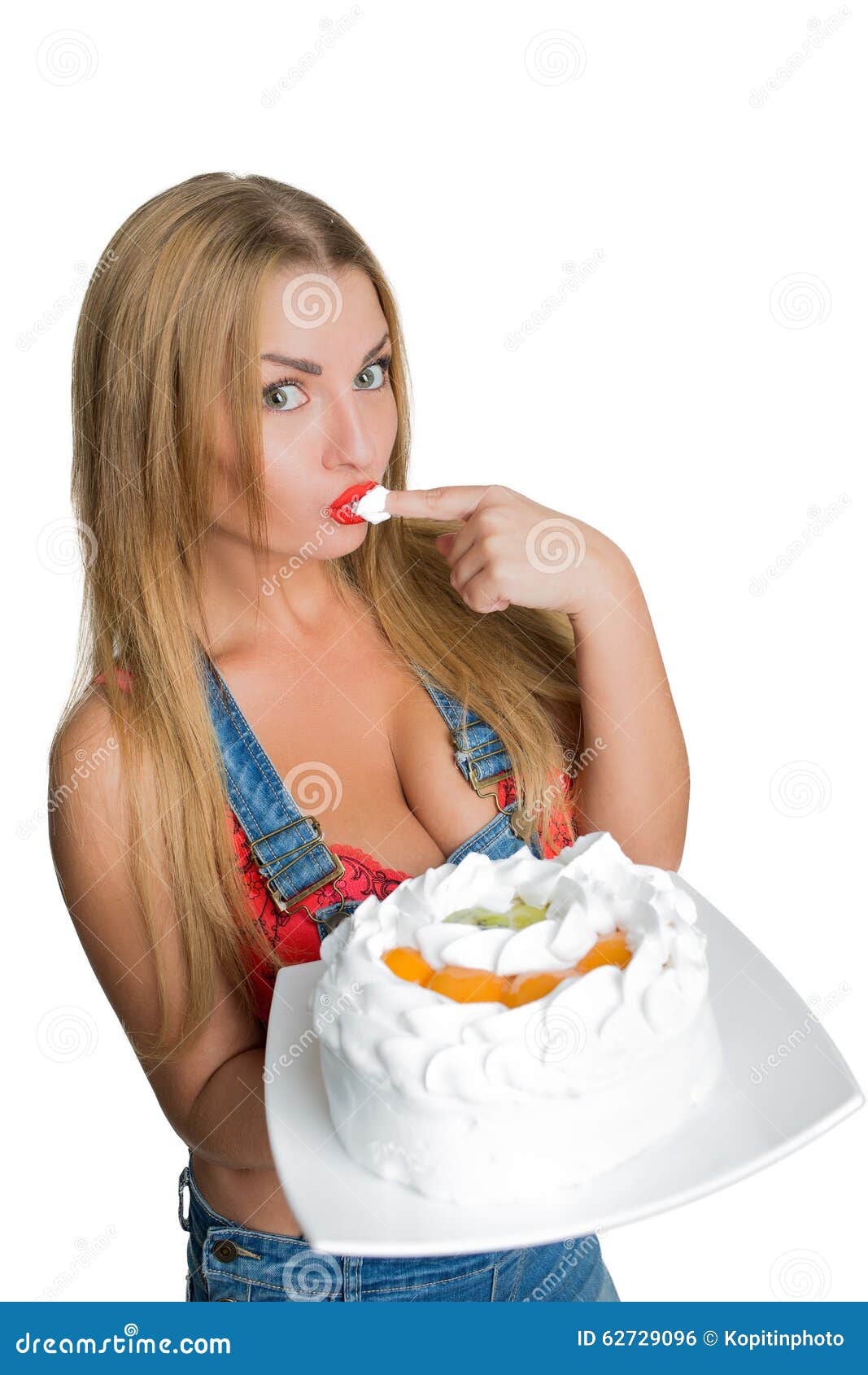 Busty Girl Eating Cake with Whipped Cream Stock Photo - Image of