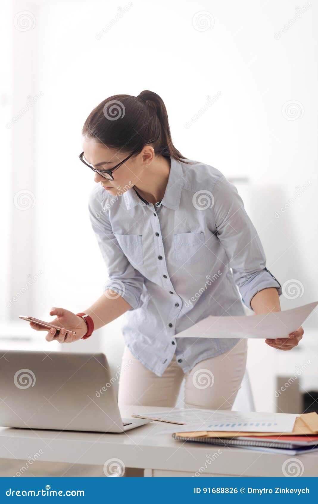 Busy Brunette Standing Near Her Workplace Stock Photo Image Of