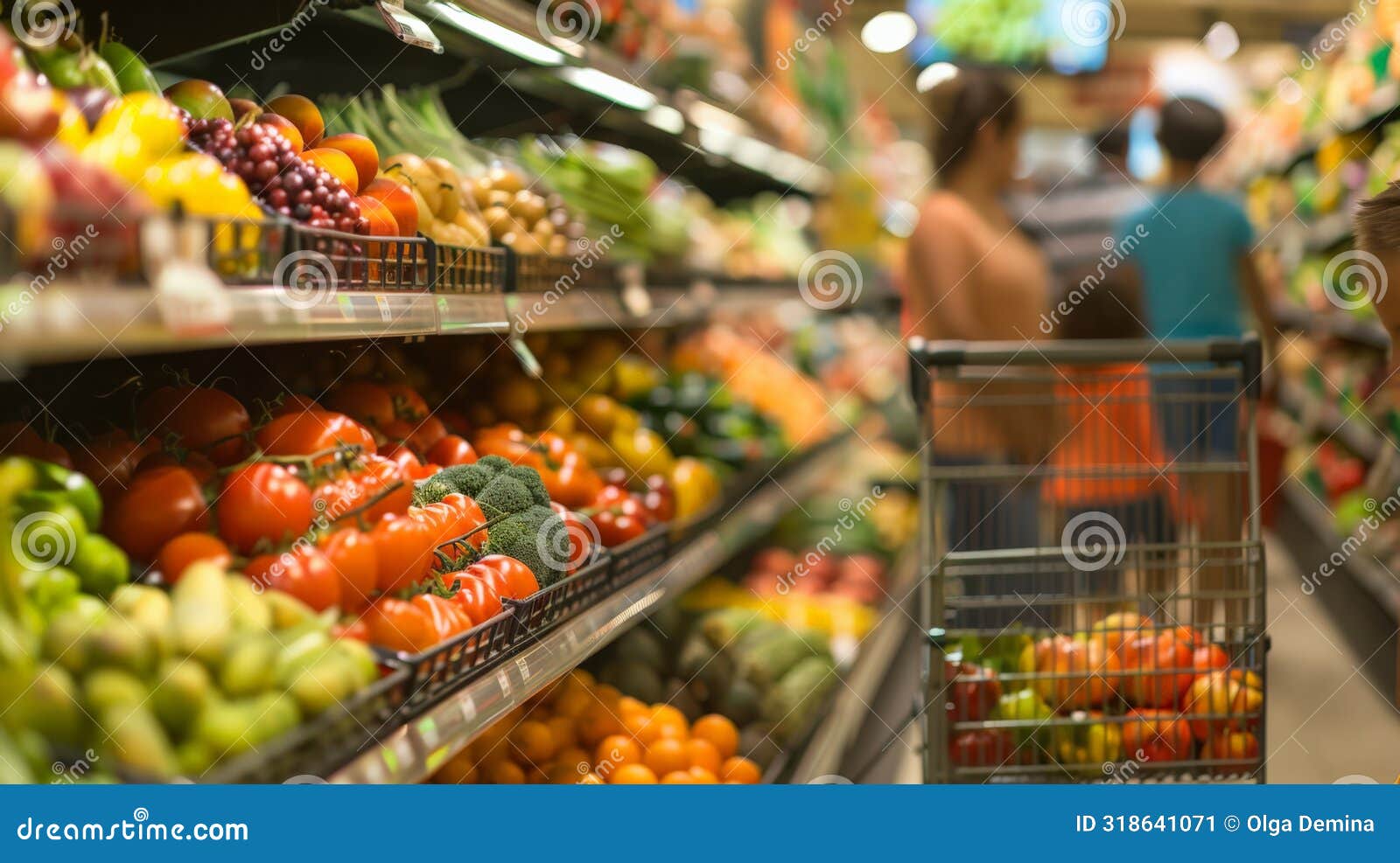 busy grocery store aisle from a shopper's perspective, emphasizing healthy food options