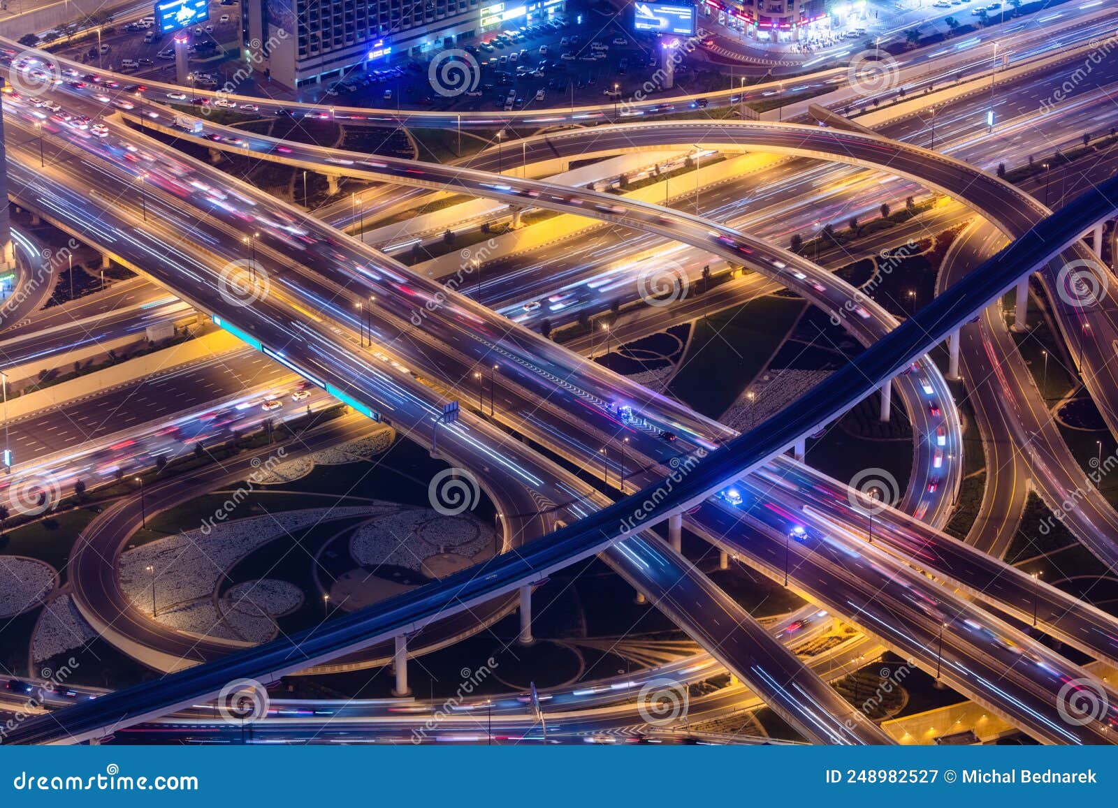 busy highway crossroad at night aerial view