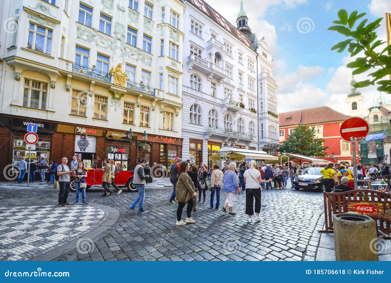 A Busy Street in Old Town Prague with Tourists and Locals Window ...