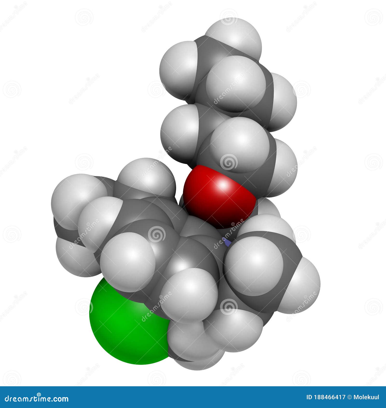 butachlor herbicide molecule. 3d rendering. atoms are represented as spheres with conventional color coding: hydrogen (white),