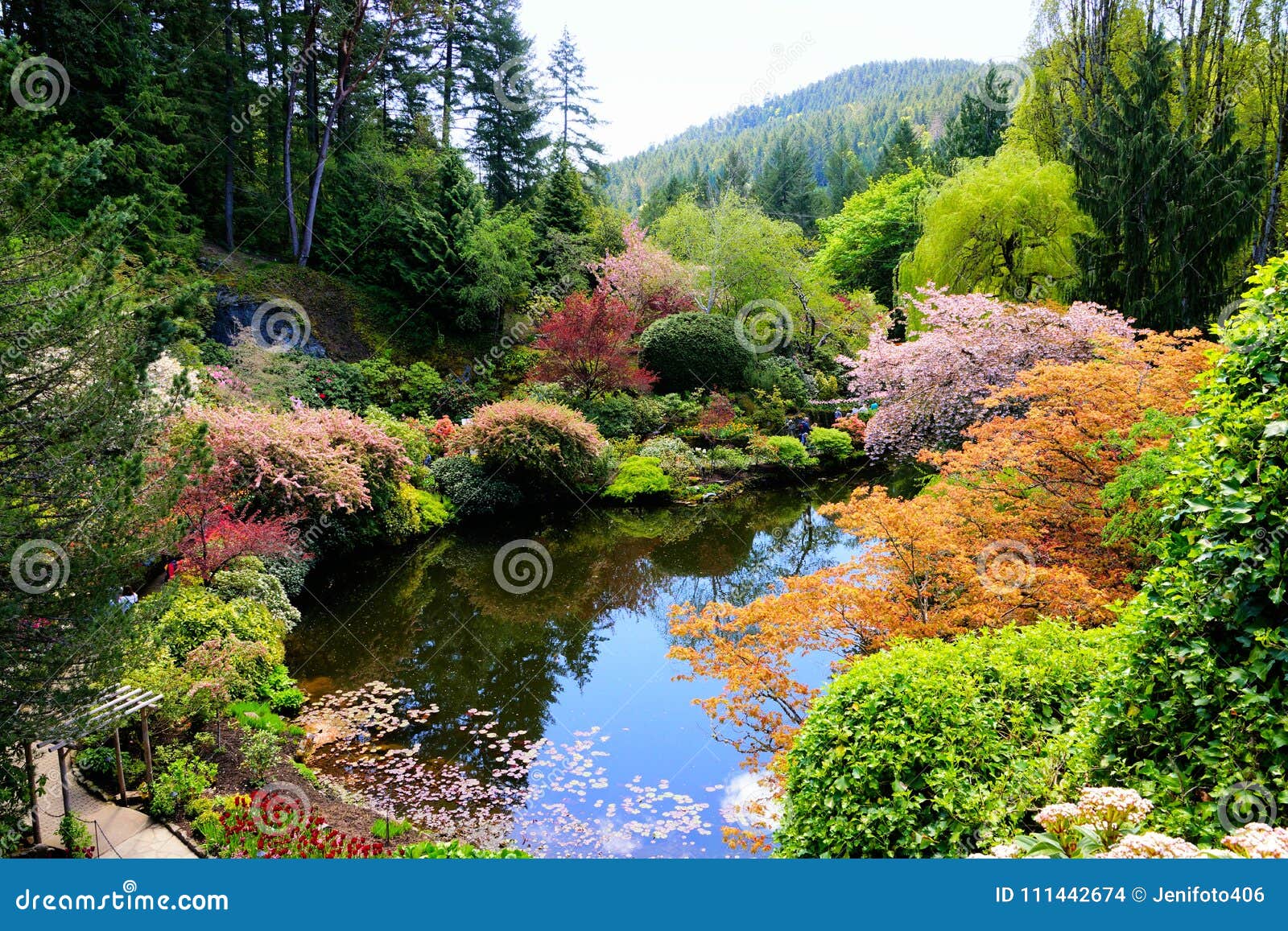 butchart gardens, victoria, canada, pond with vibrant spring flowers