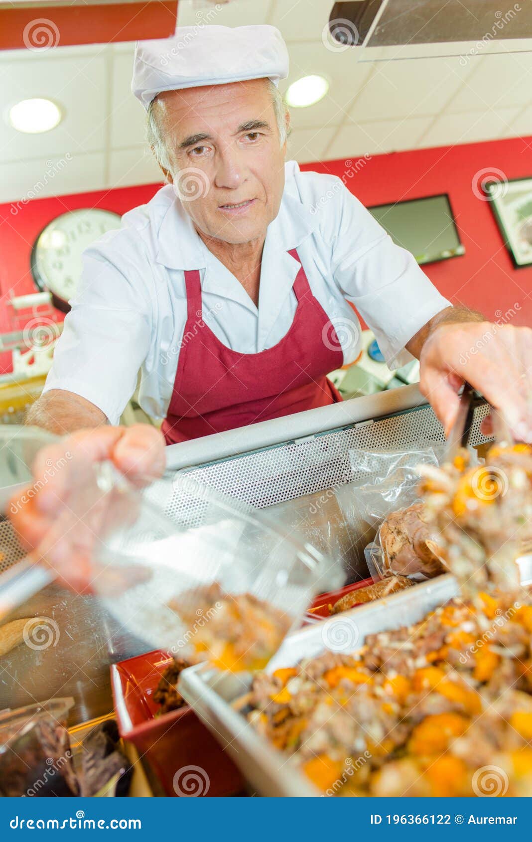 Butcher at canteen stock photo. Image of scooping, display 196366122