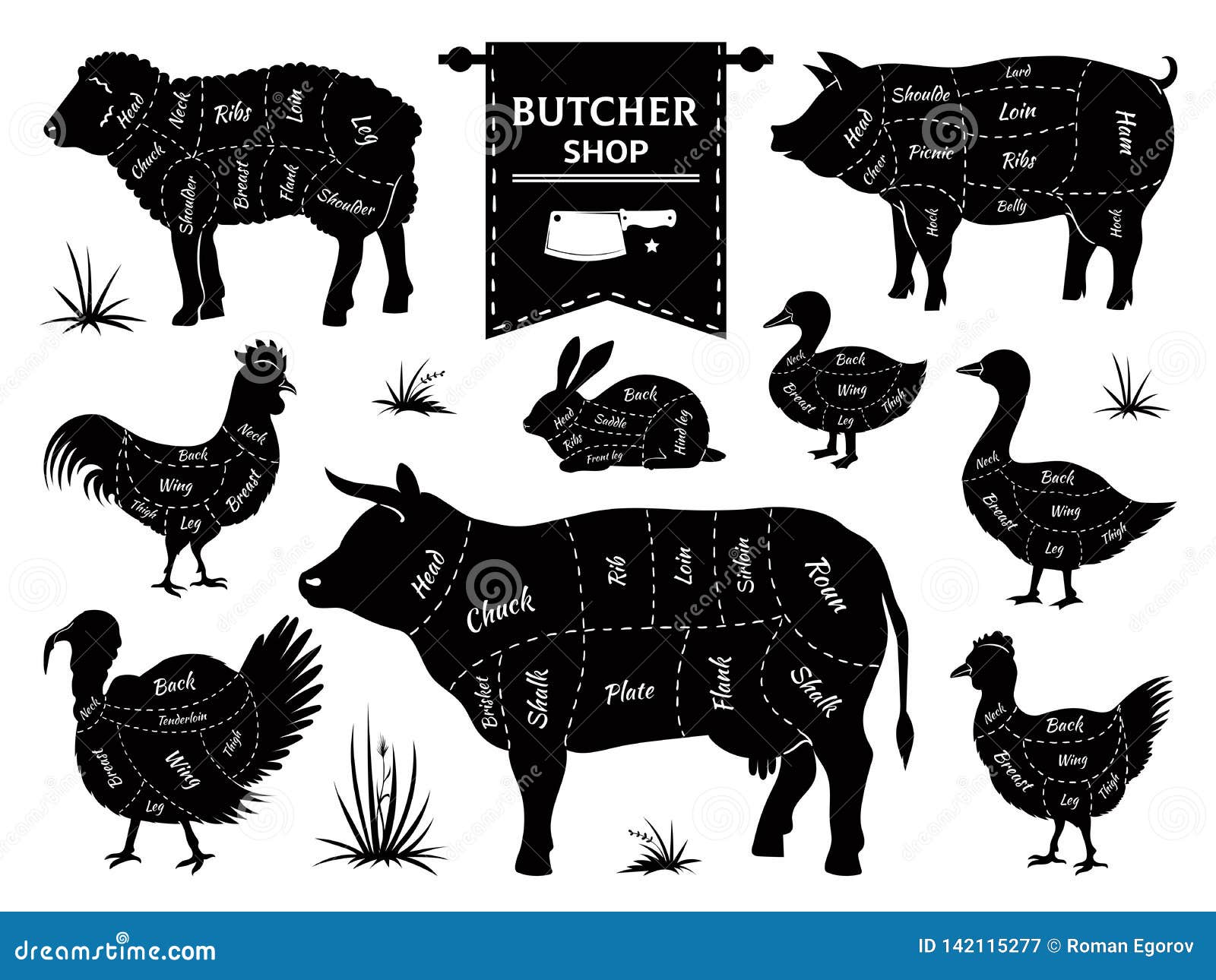 butcher diagrams. animal meat cuts, cow pig rabbit lamb rooster domestic animals silhouettes.  retro butcher shop