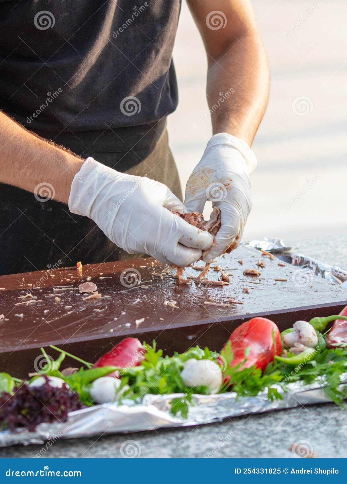 Butchering Baked Meat in a Restaurant. Stock Image Image of