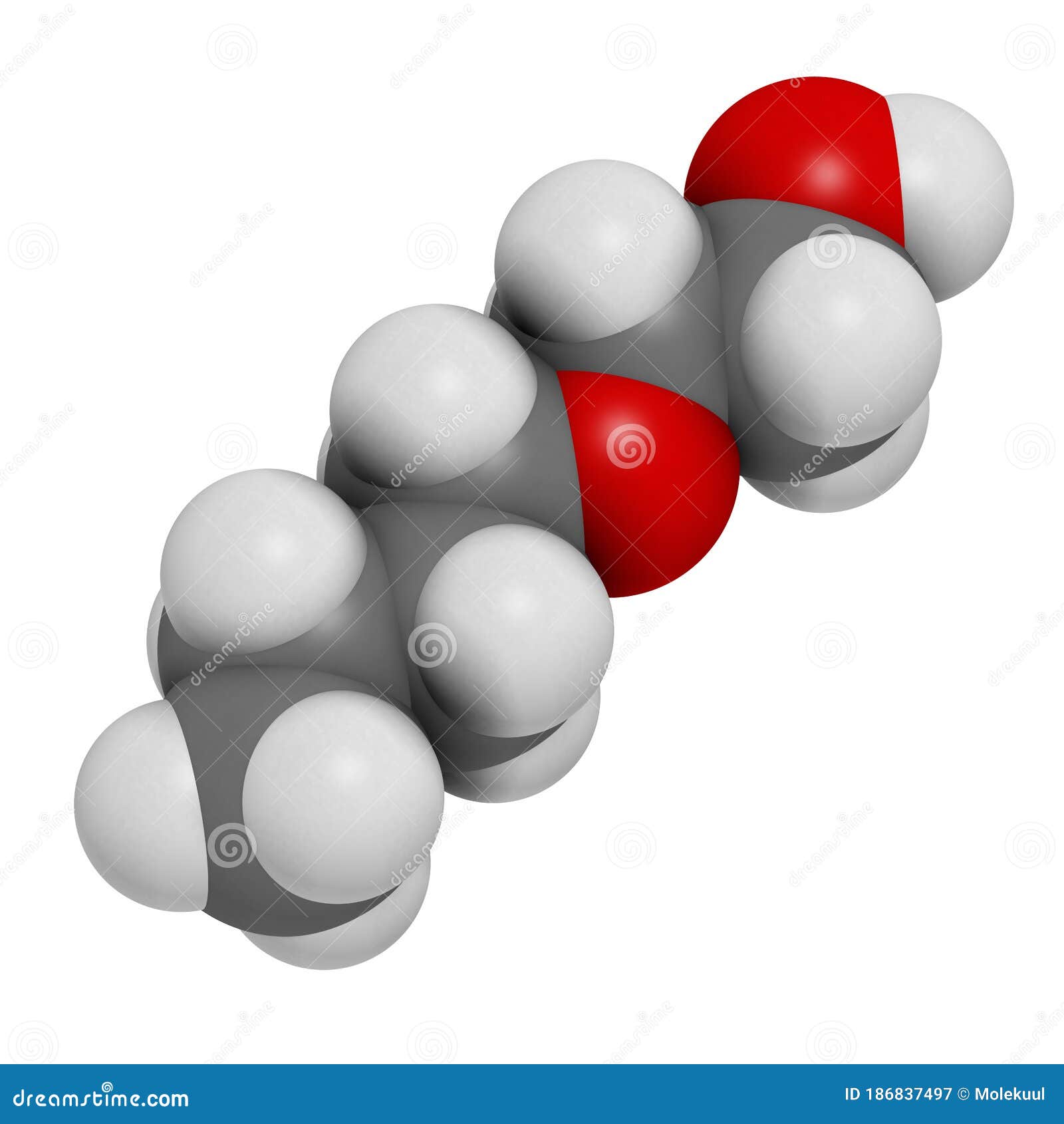 2-butoxyethanol solvent and surfactant molecule. 3d rendering. atoms are represented as spheres with conventional color coding: