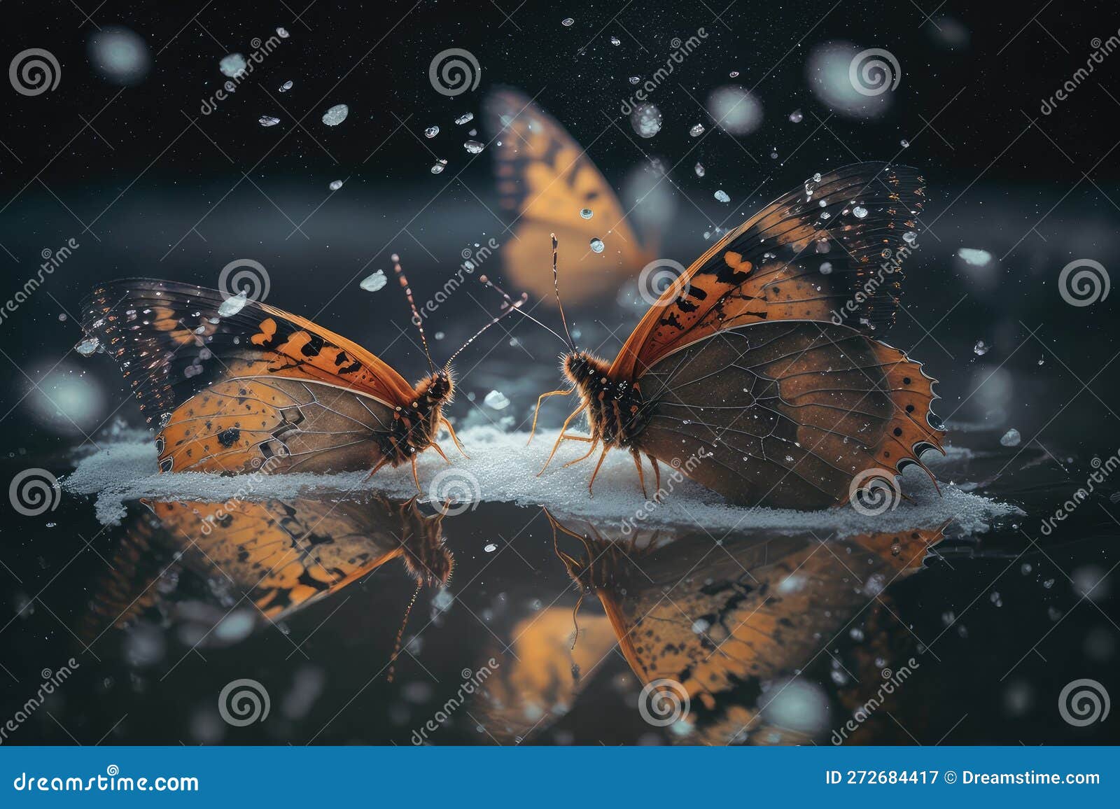 Butterflies Crawling on the Frozen Surface of a Pond, with Snowflakes
