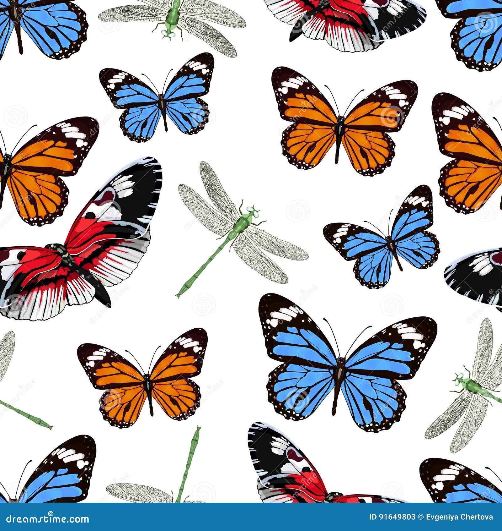 Butterflies and Dragonflies Seamless Pattern, Vector Background. Bright Multicolored Insects on
