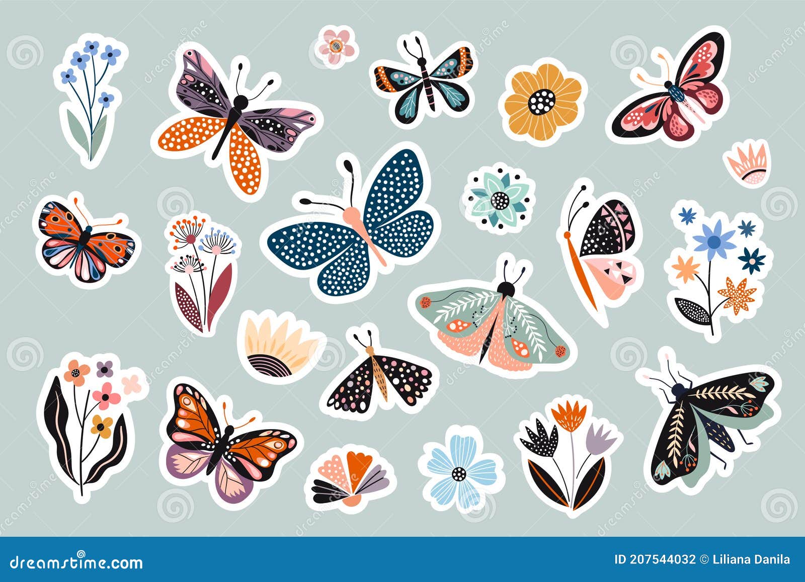 Moths, Butterflies and Flowers Stickers Collection, Abstract Decorative