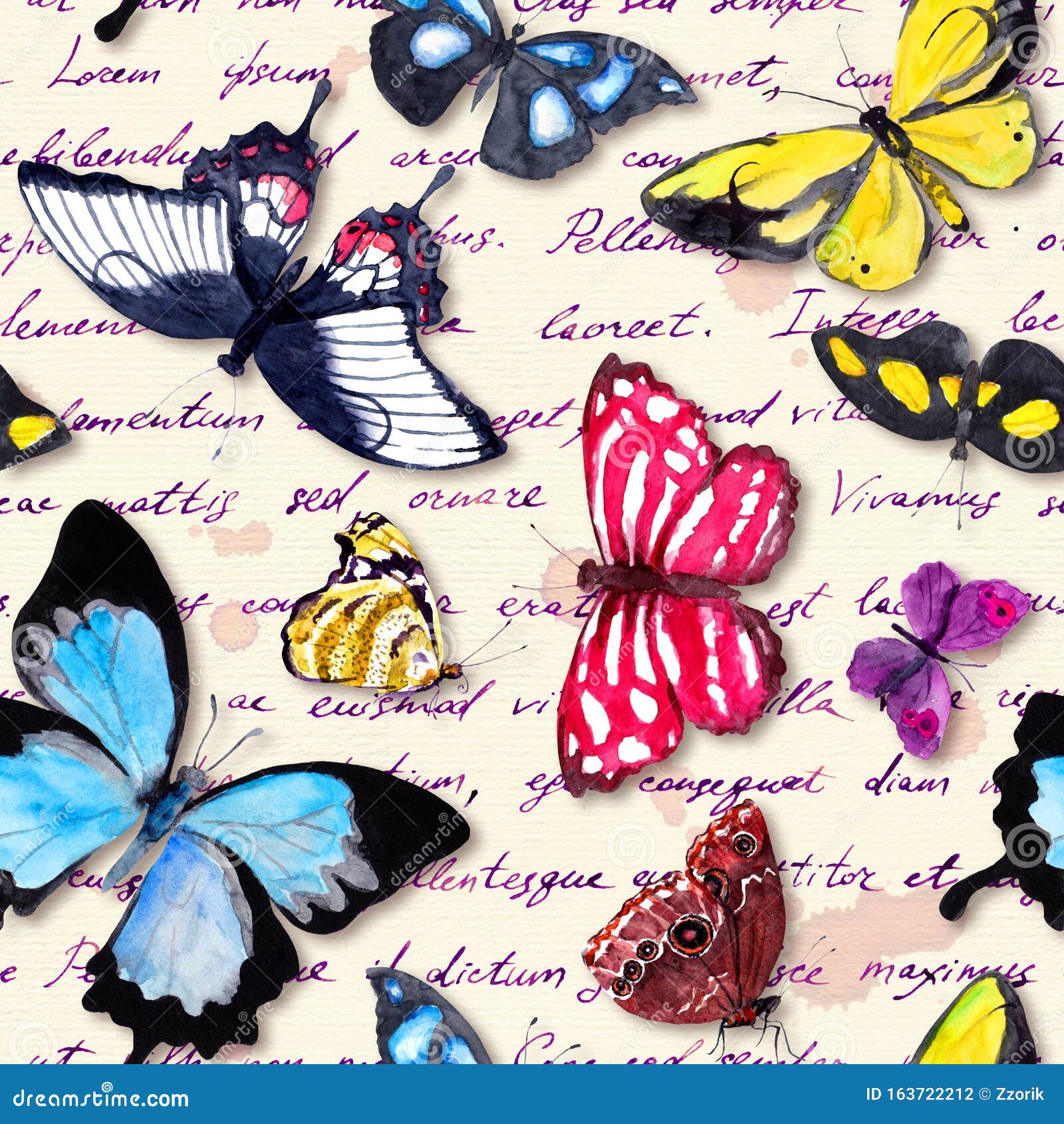 Butterflies and Hand Written Text Note. Seamless Pattern with