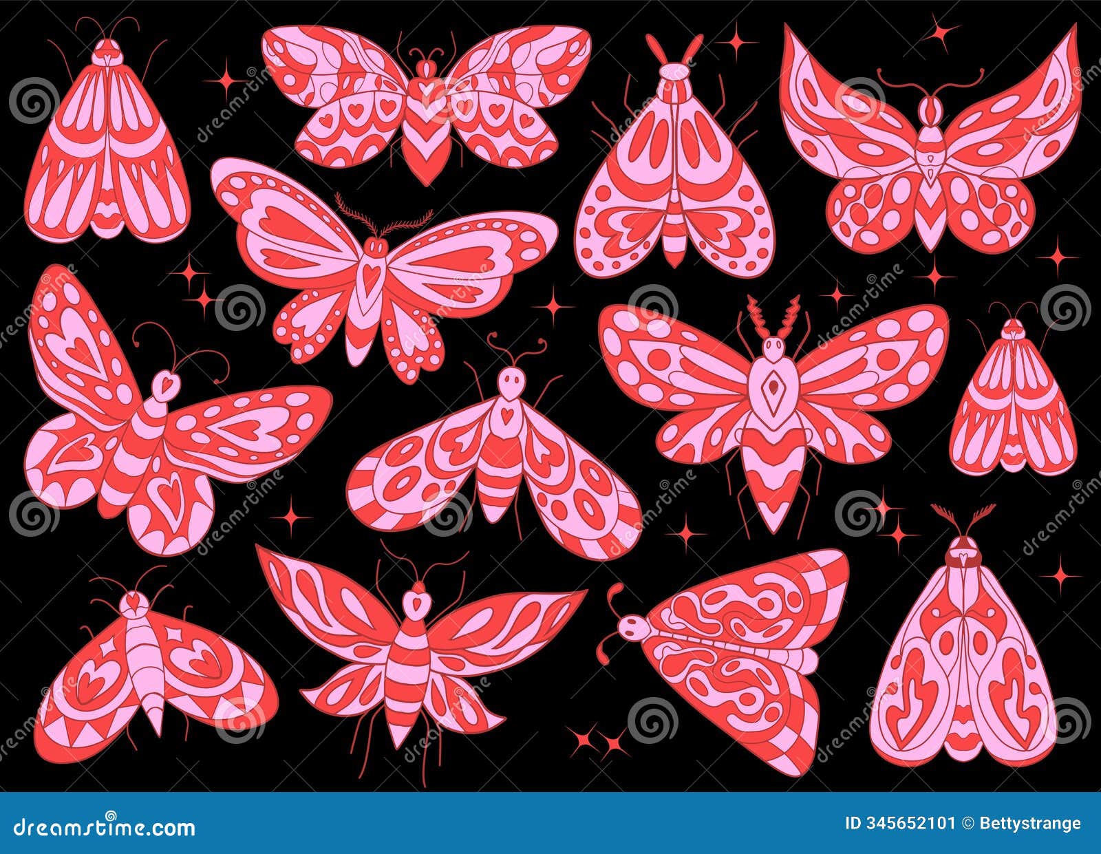 butterflies pink and red  set. cute moth butterfly. collection of vintage elegant s of butterflies