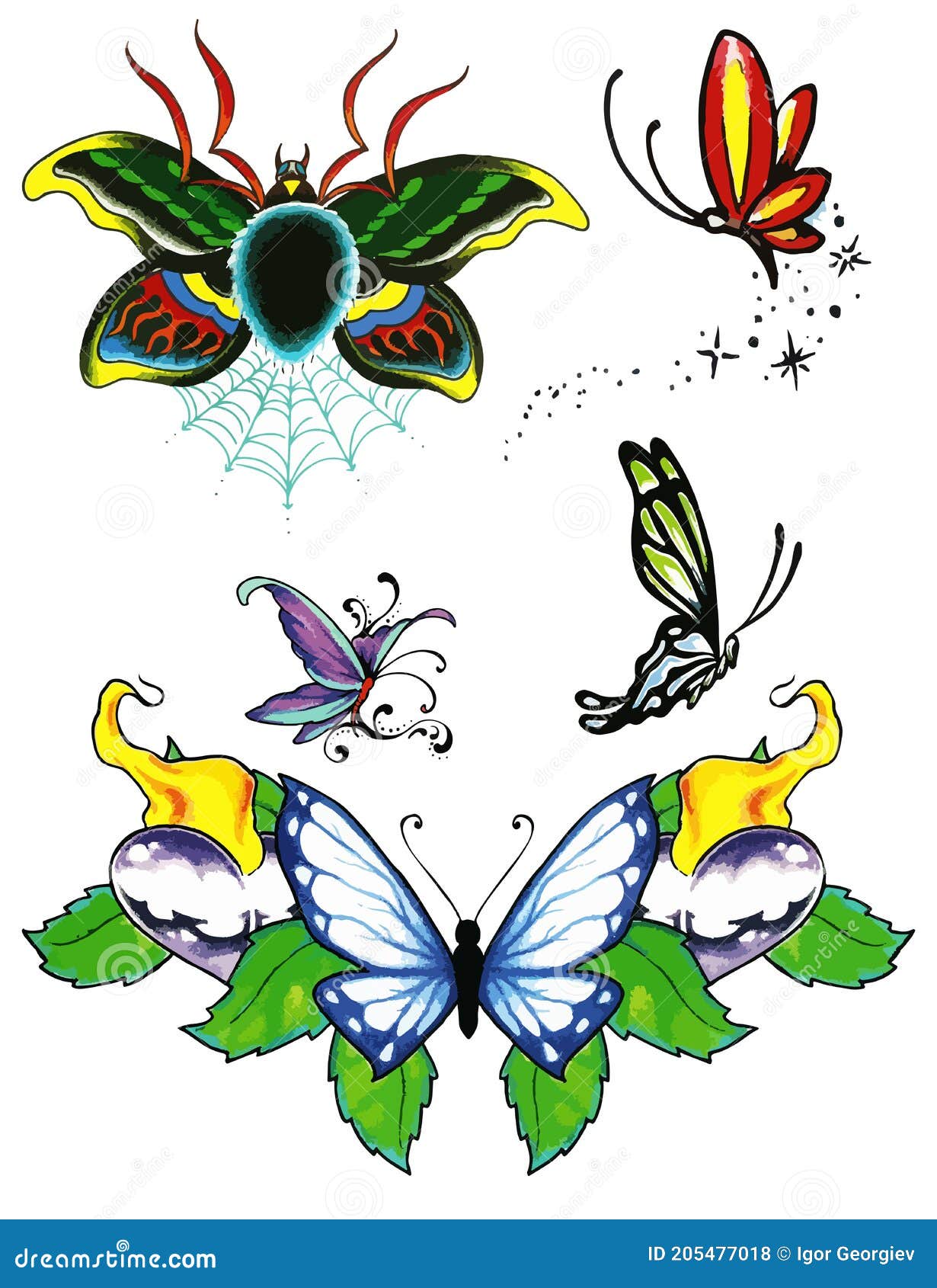 Butterflies Tattoo Set. Set of Labels and Elements. Vector Set