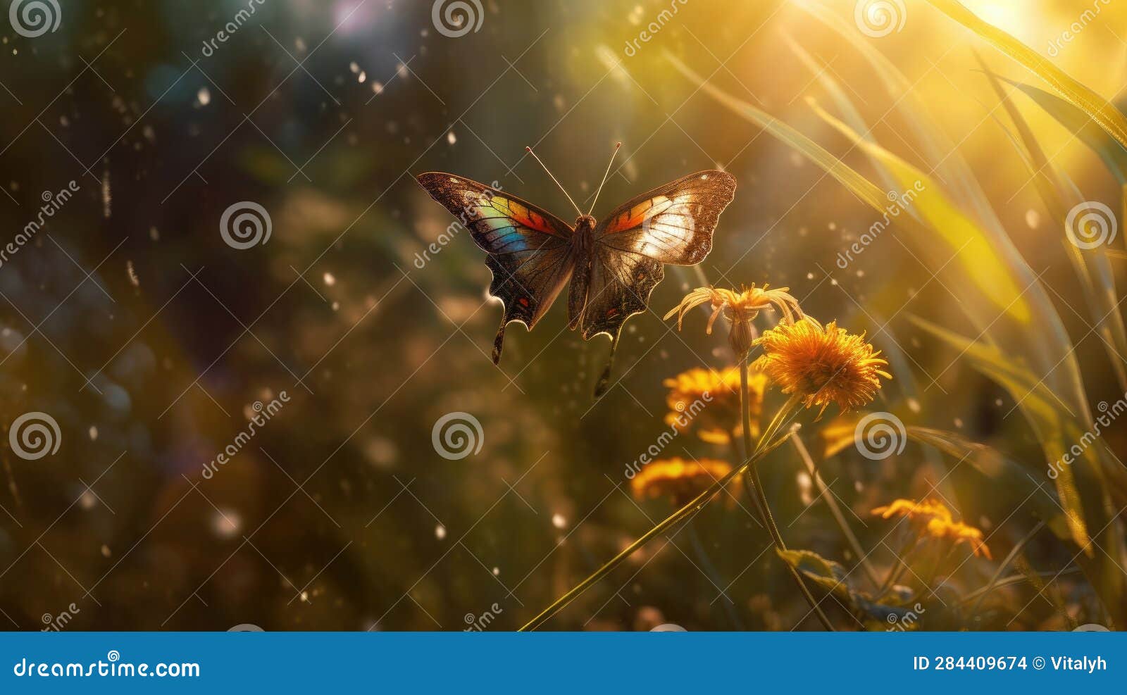Butterfly Flight Over a Quiet Meadow in the Rays of the Sun. Stock