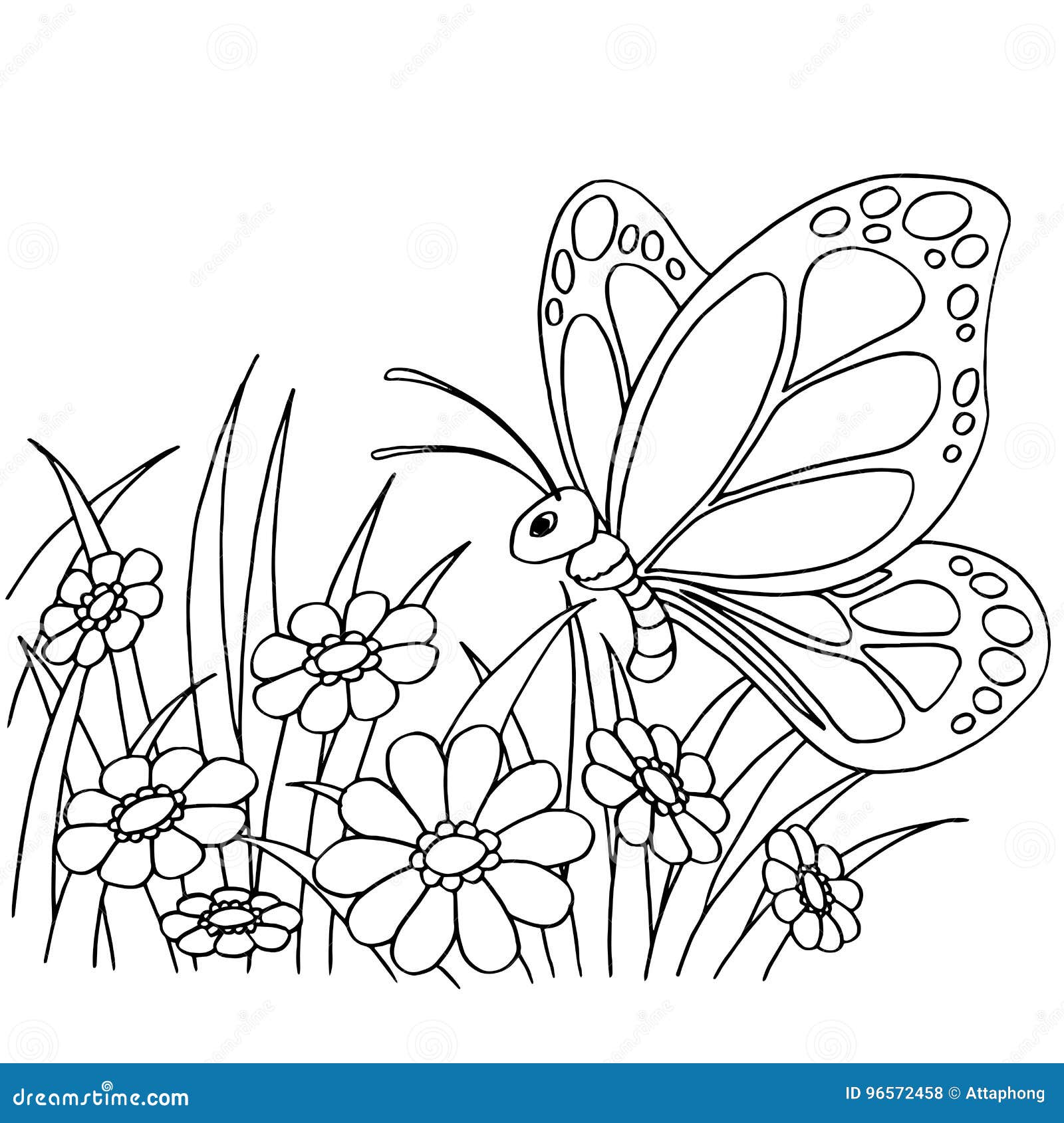 Butterfly and Flower Cartoon Coloring Page Vector Stock Vector ...