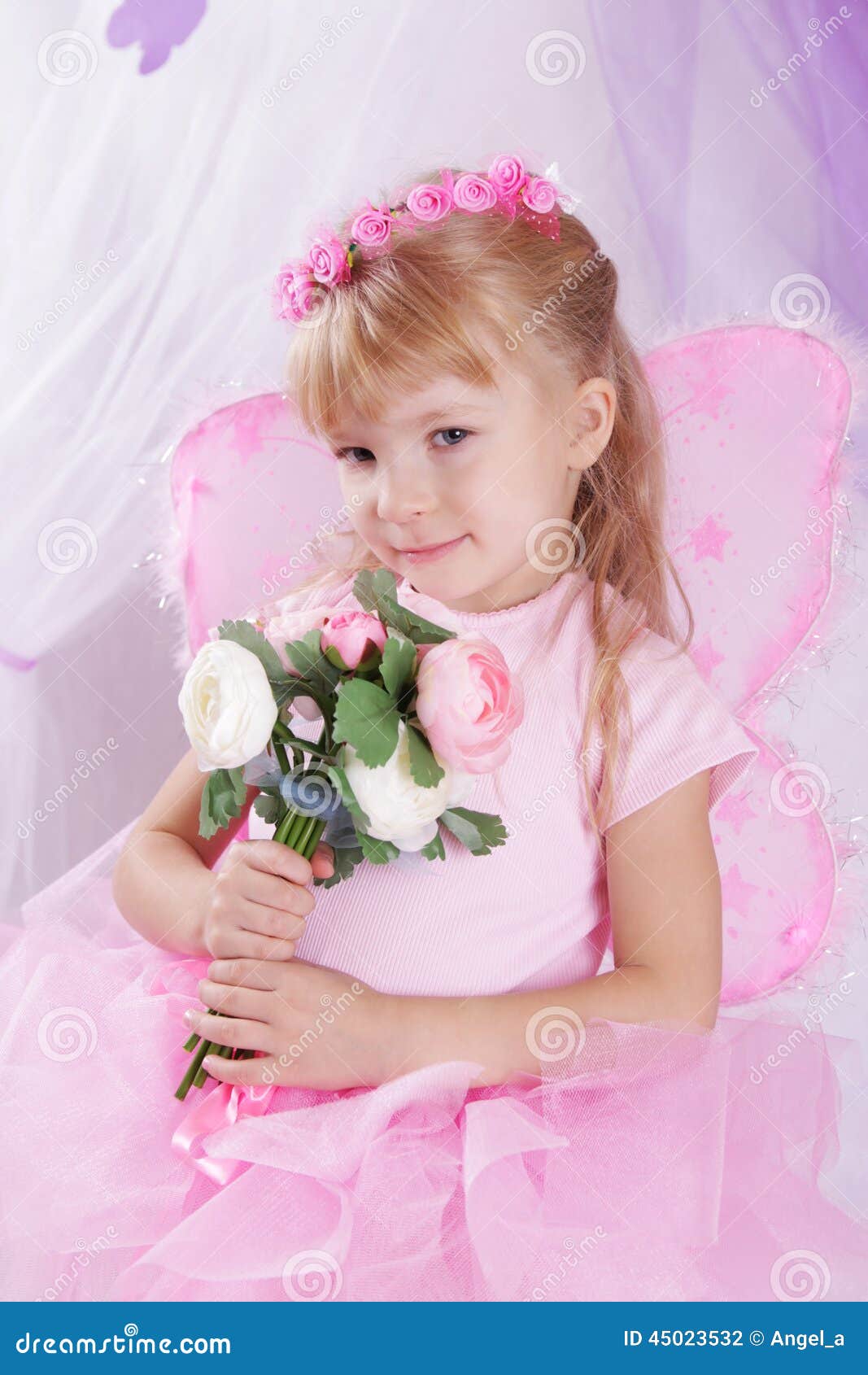 Butterfly Girl in Wreath Holding Roses Stock Photo - Image of alone ...