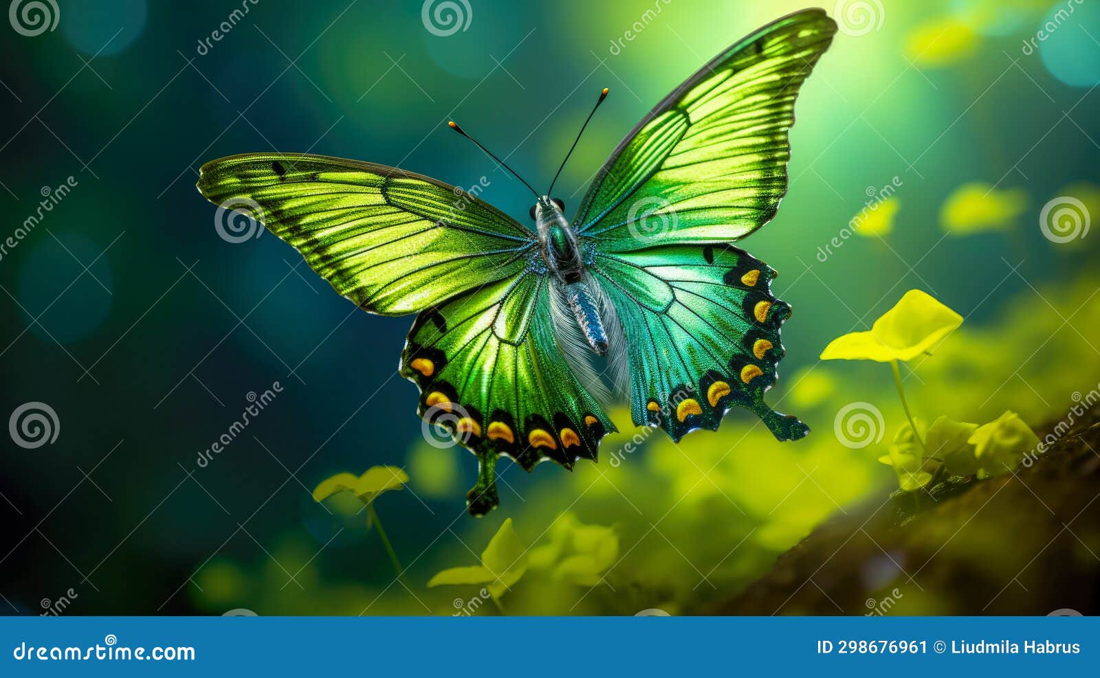 Butterfly on a Green Background with Light Effects. Generative AI Stock