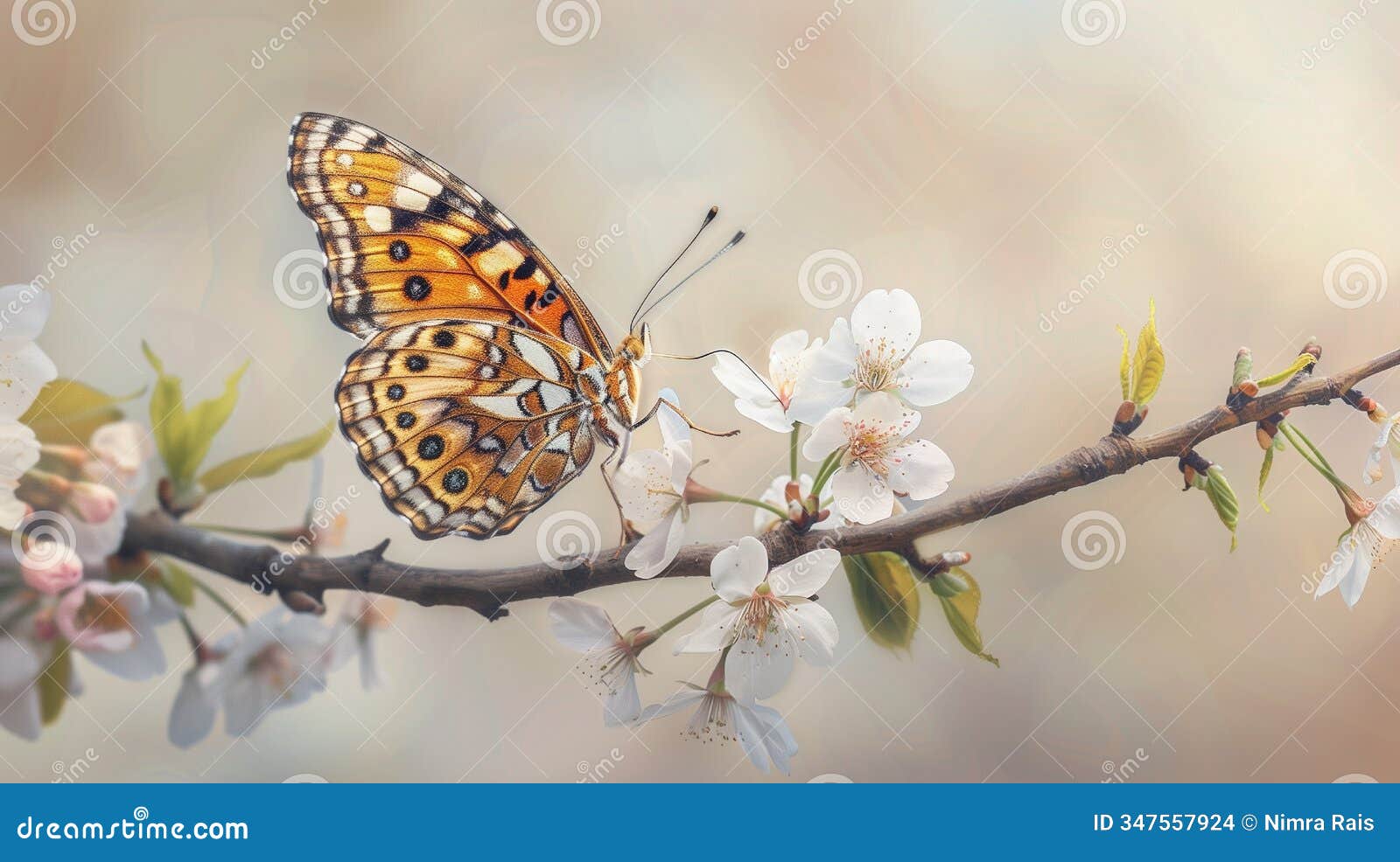 a butterfly landing on a blooming cherry branch