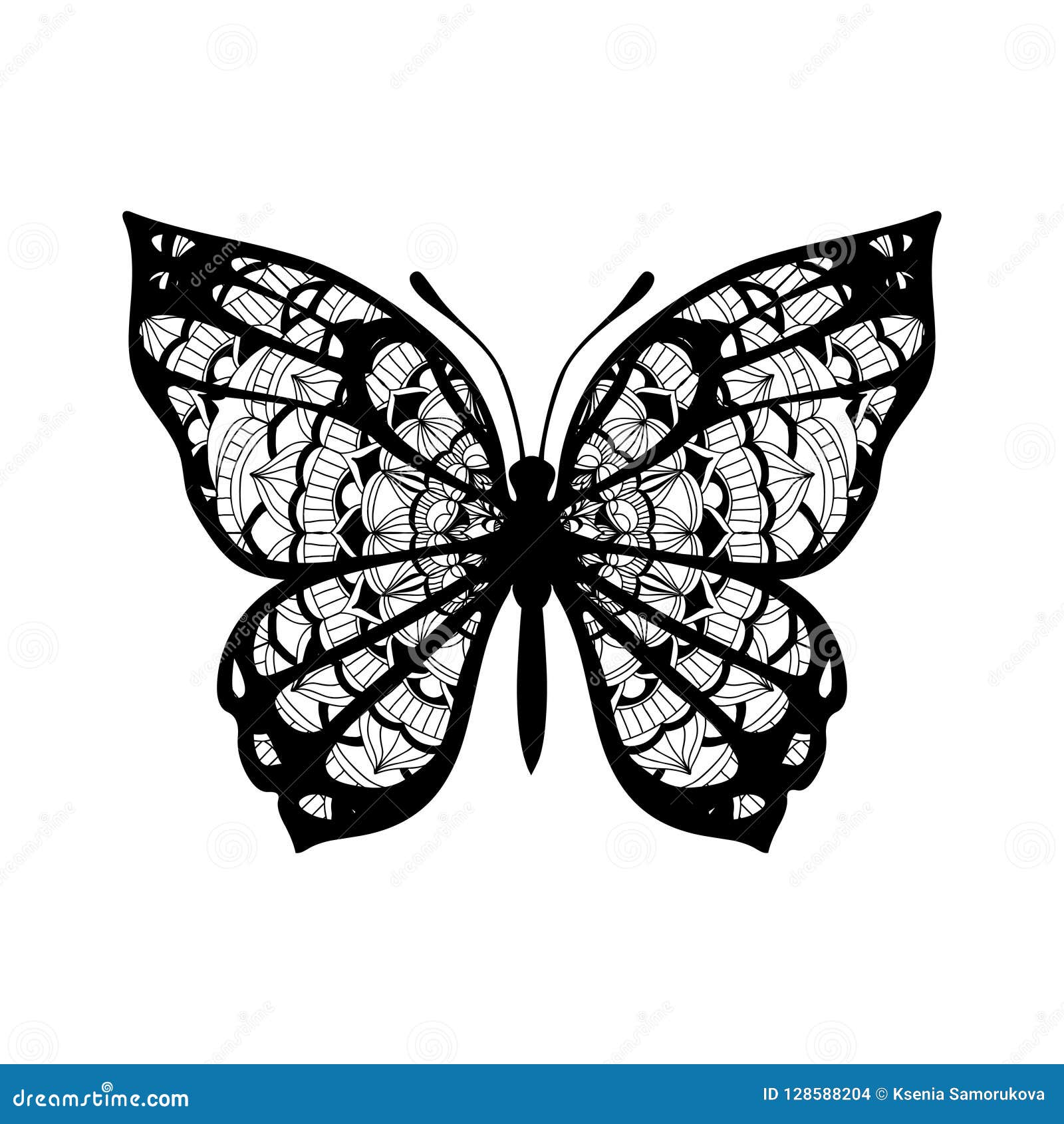 Butterfly with Patterned Wings. Black on White Stock Vector