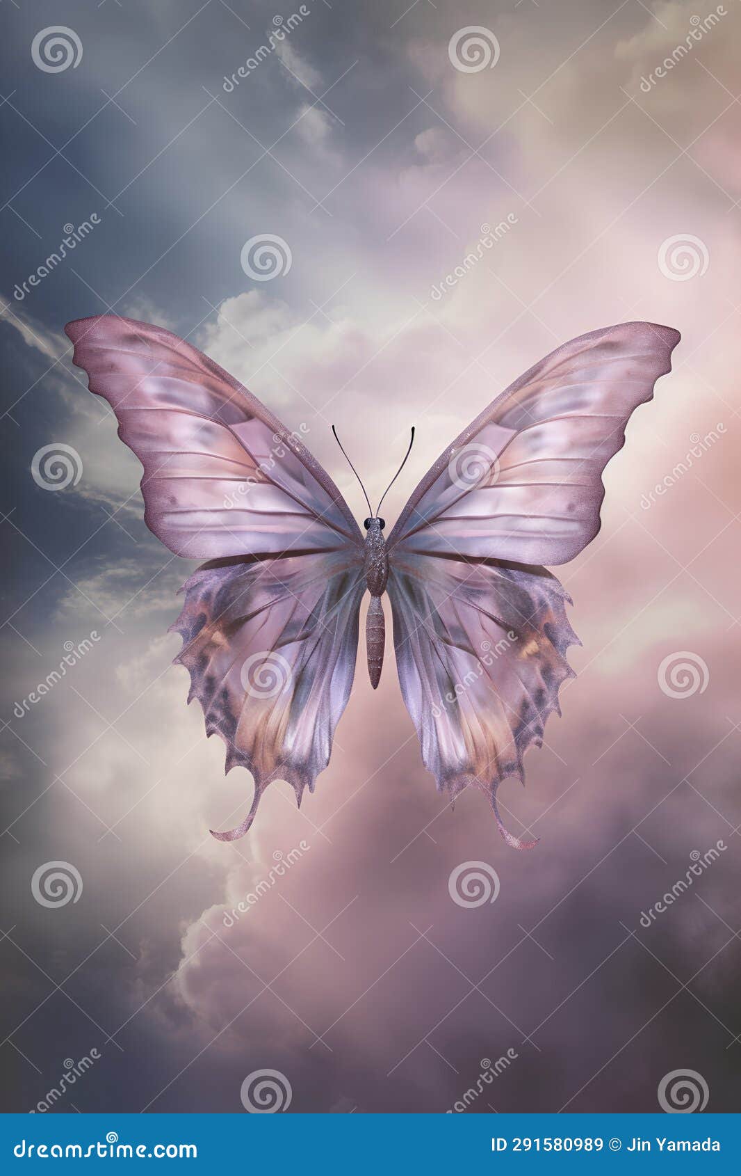 Butterfly in the Sky with Clouds. 3d Illustration Stock Illustration