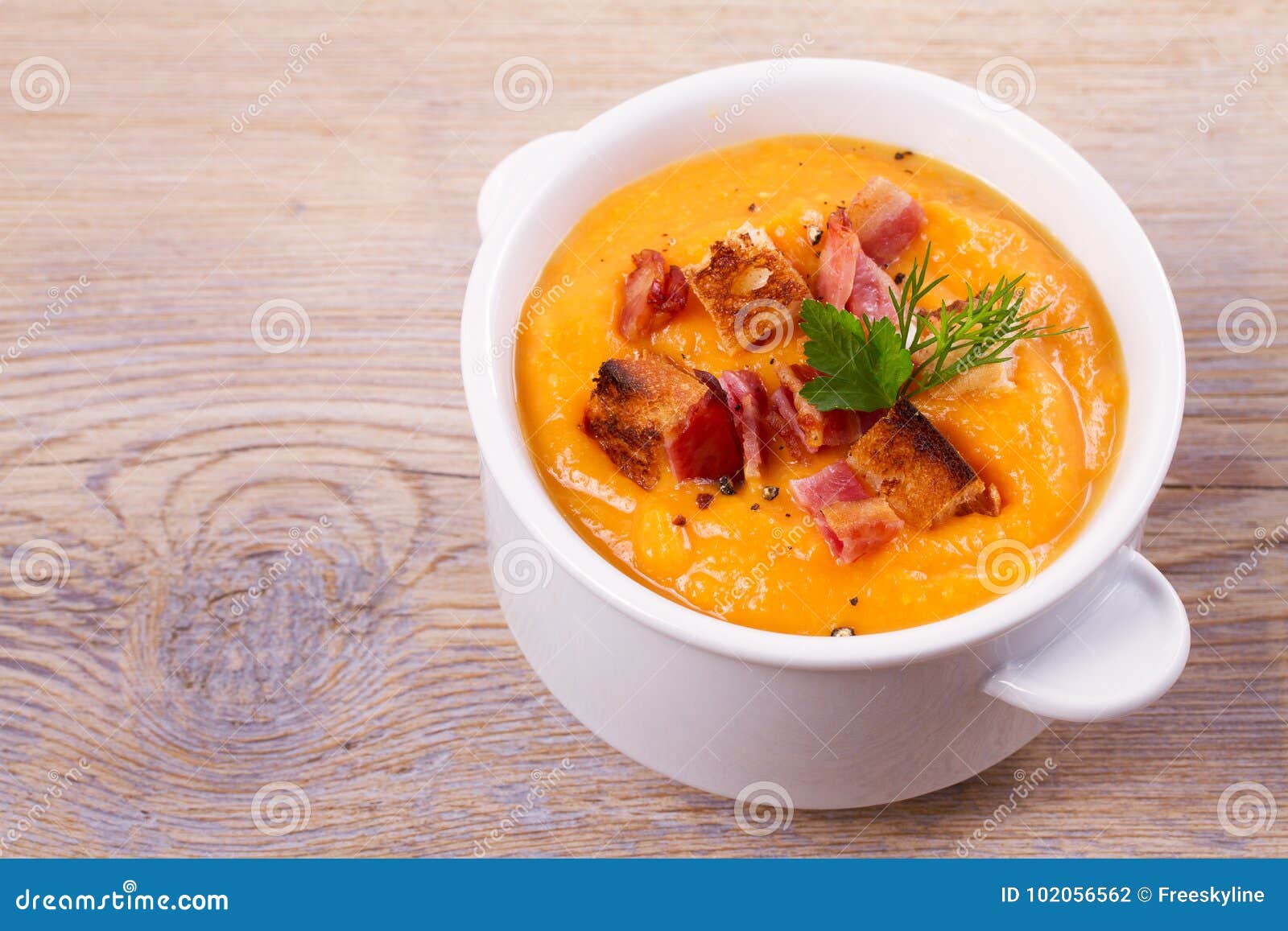 Butternut Squash and Bacon Soup in White Bowl. Stock Photo Image of