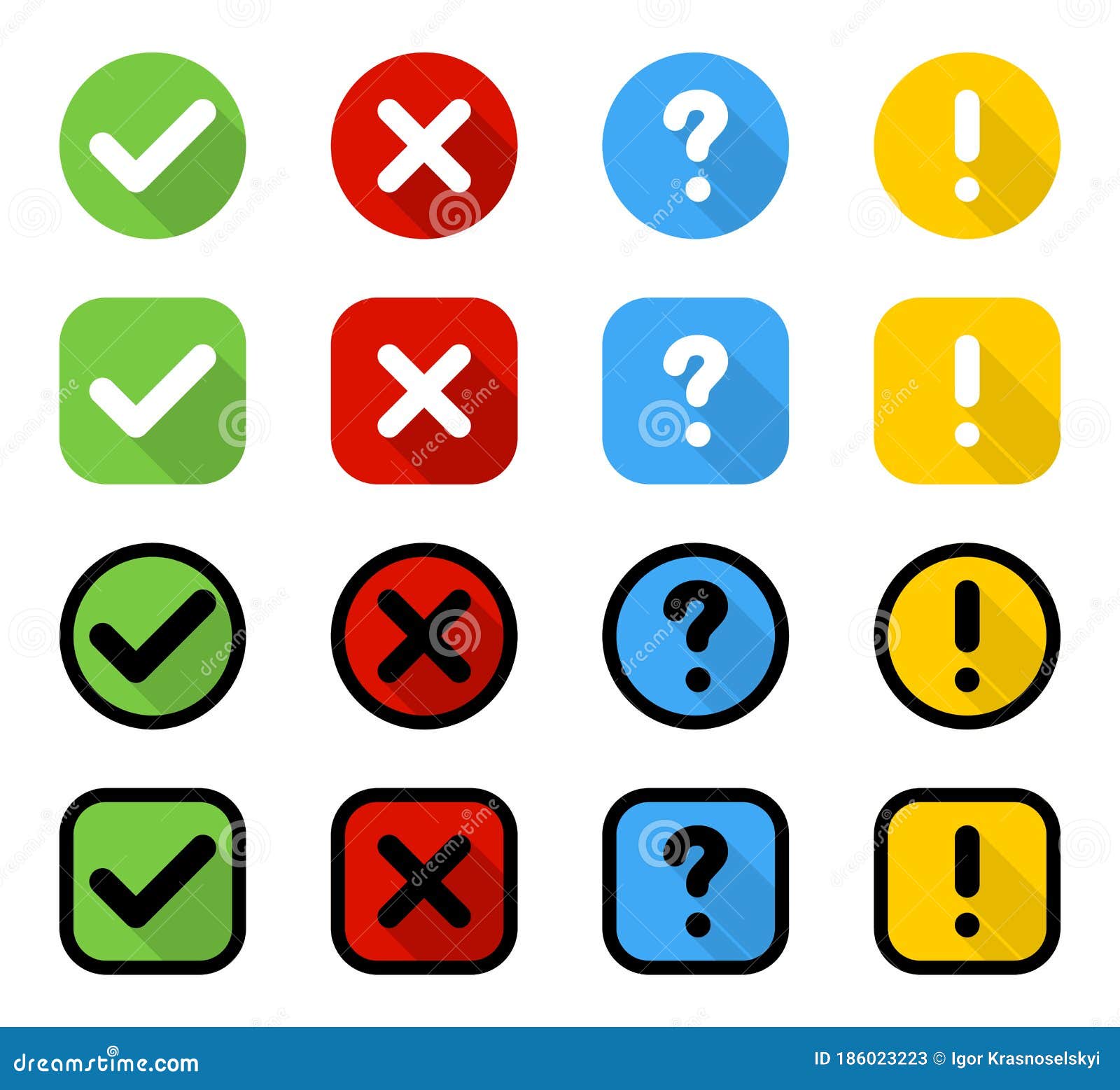 Icon set of check mark, cross, question mark, exclamation point, information  icon. FAQ sign. Tick, question, information and answers mark. Help symbol.  Vector illustration Stock Vector