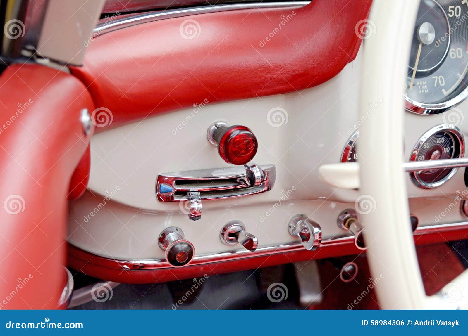 The Buttons and Levers on the Dashboard Vintage Car. Stock Photo