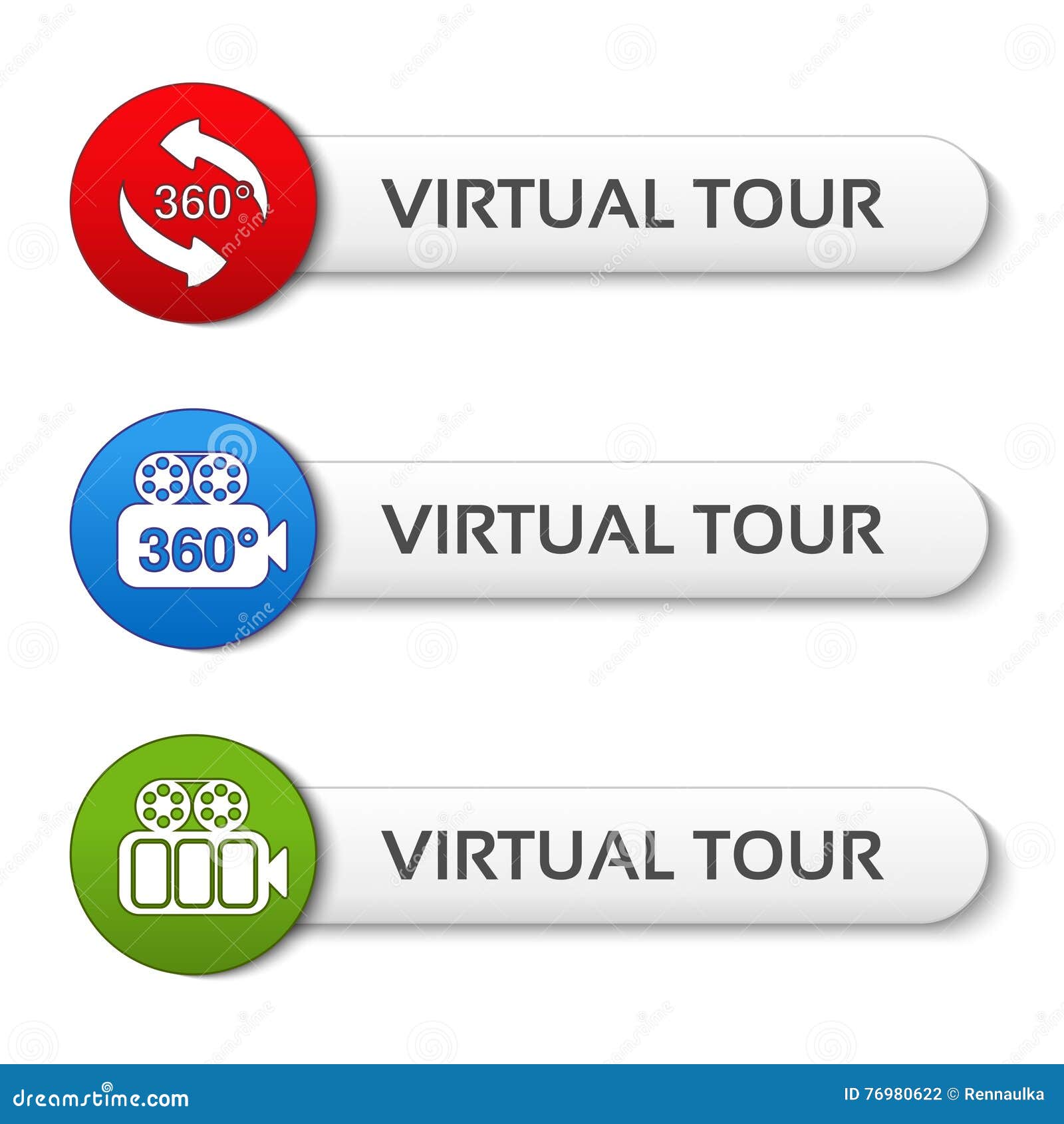 buttons for virtual tour, red, green and blue labels - stickers with arrows and camera