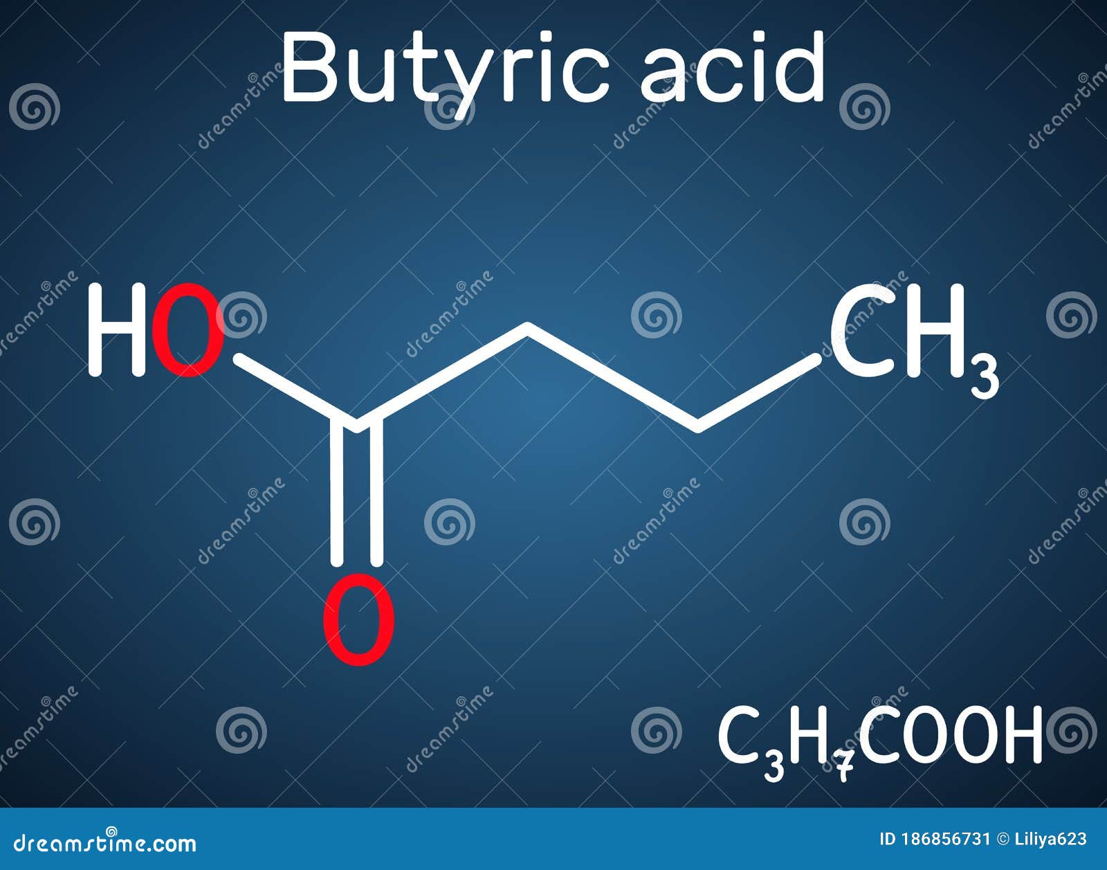 butyric acid, butanoic acid molecule. butyrates or butanoates are salts and esters . structural chemical formula on the dark blue