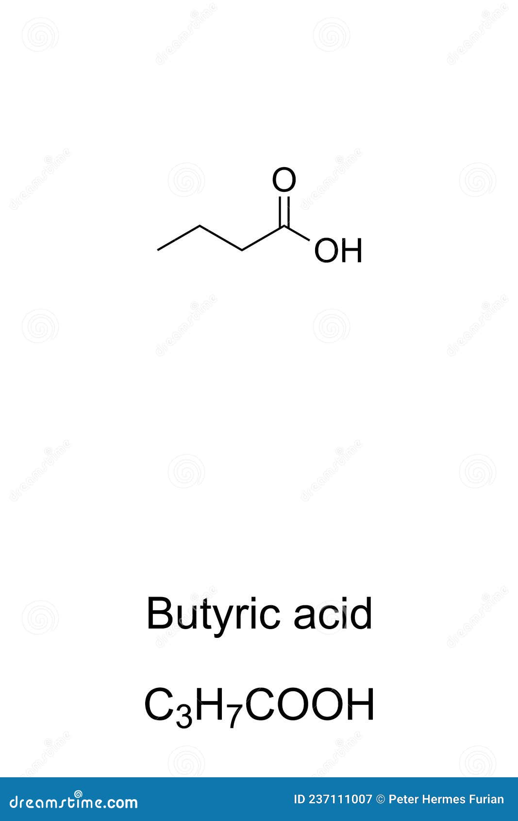 butyric acid, butanoic acid, chemical formula and skeletal structure