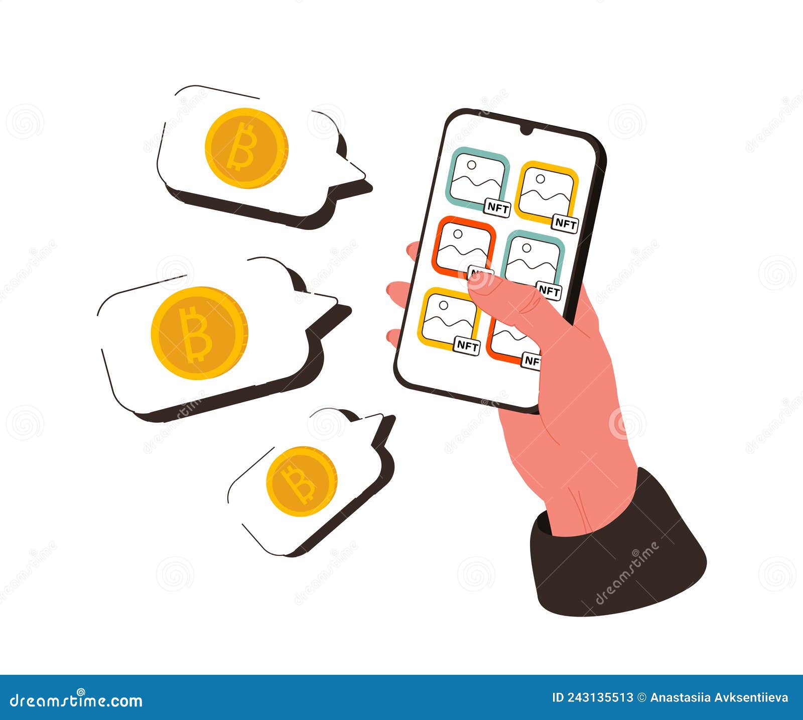 Buy NFT Online. Vector Illustration of Hands Hold Smartphone and Purchase  Cryptocurrency in Mobile Stock Vector - Illustration of flat, bitcoin:  243135513
