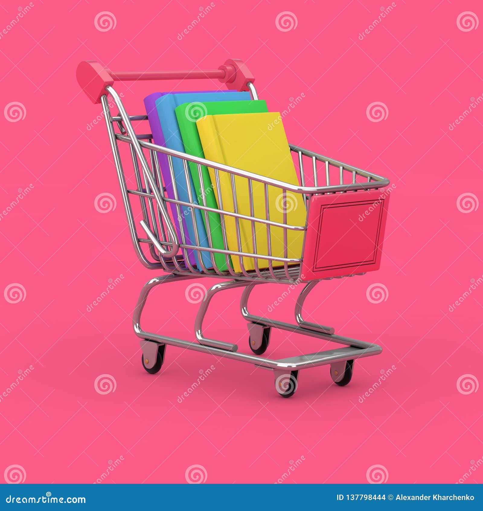 Buying of Books Concept. Shopping Cart with Stack of Books. 3d