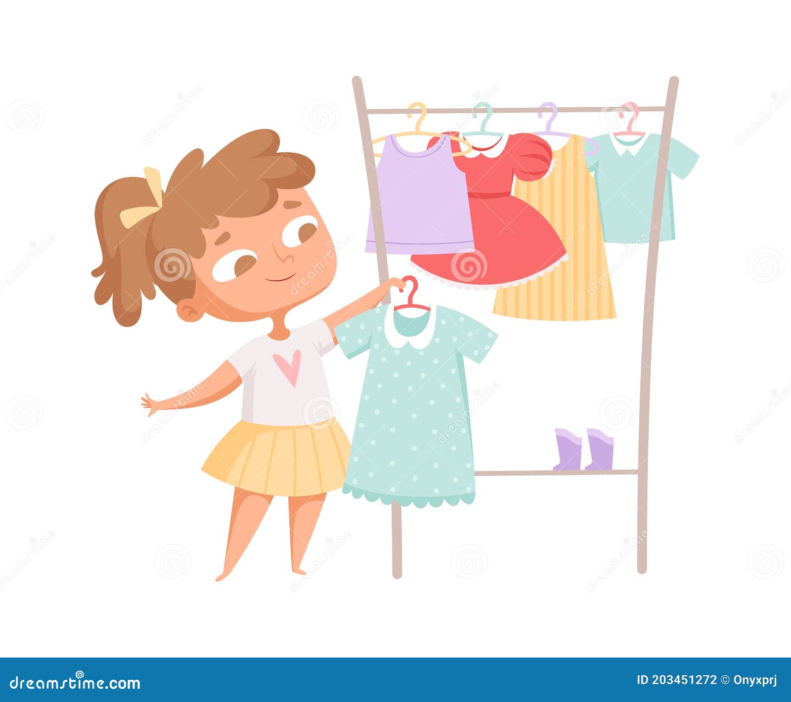 buying clothes. girl and dress, clothes rack. cartoon child in fashion store choosing new look  
