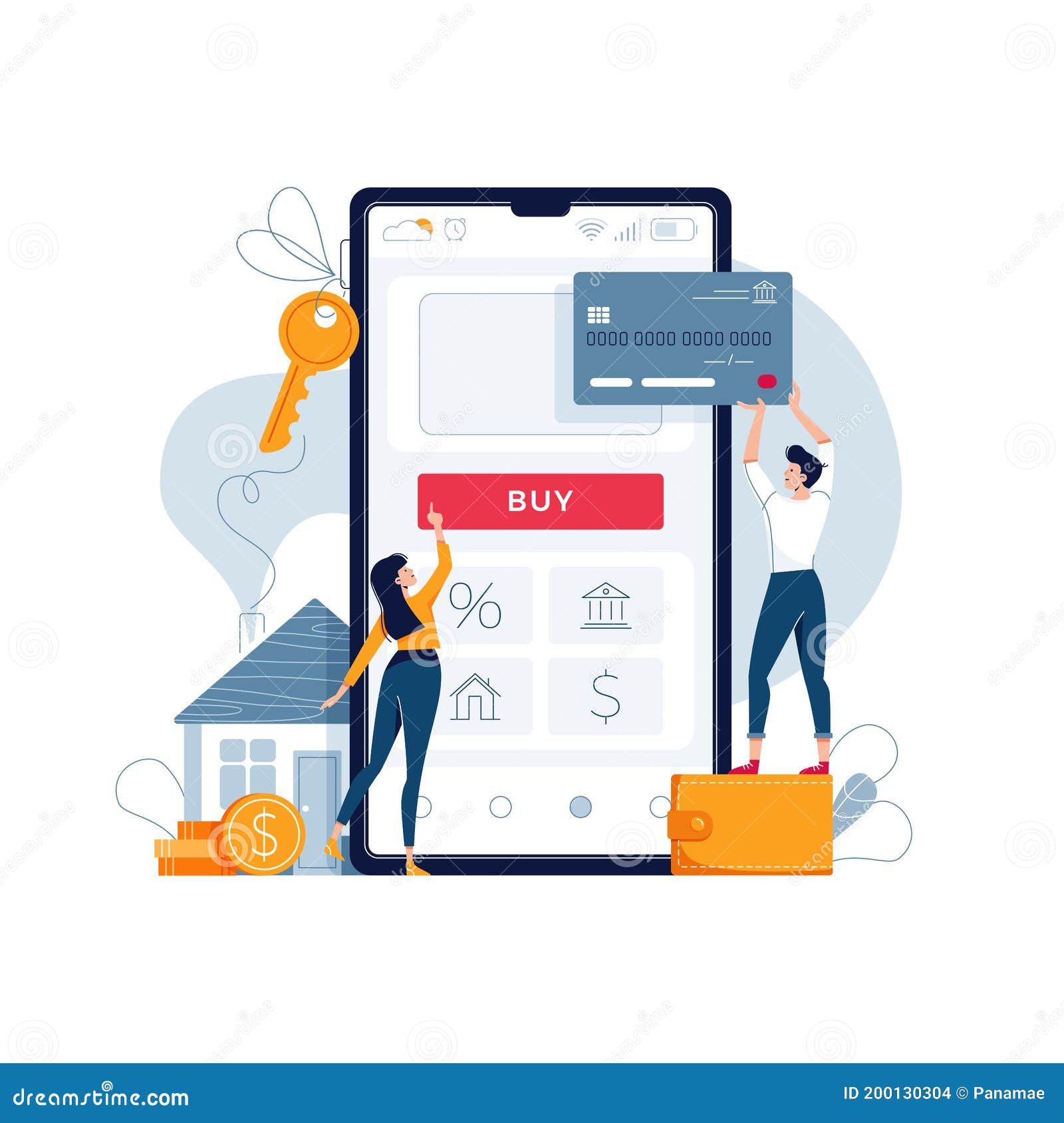 buying house online. people buy real estate, touche the button on phone and pay by credit card. mortgage loan, purchase