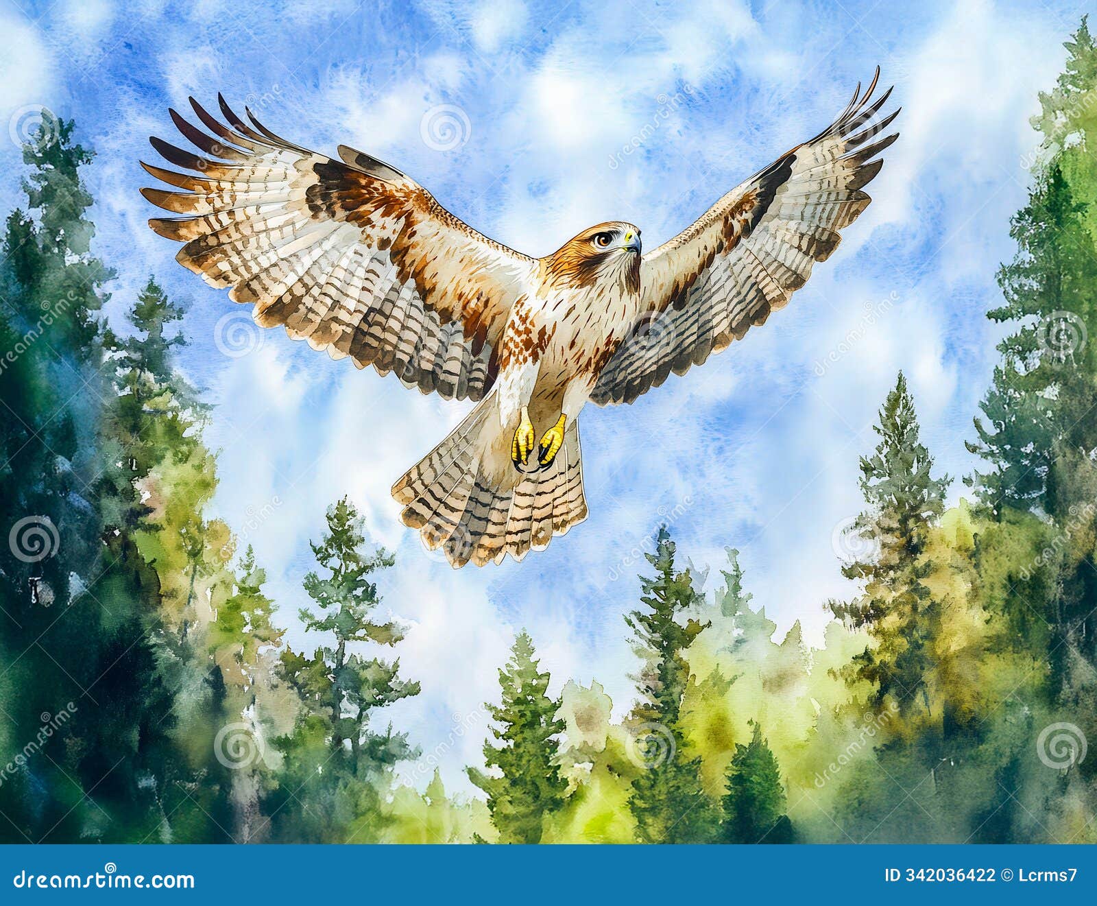 buzzard flying over a pine forest watercolor painting